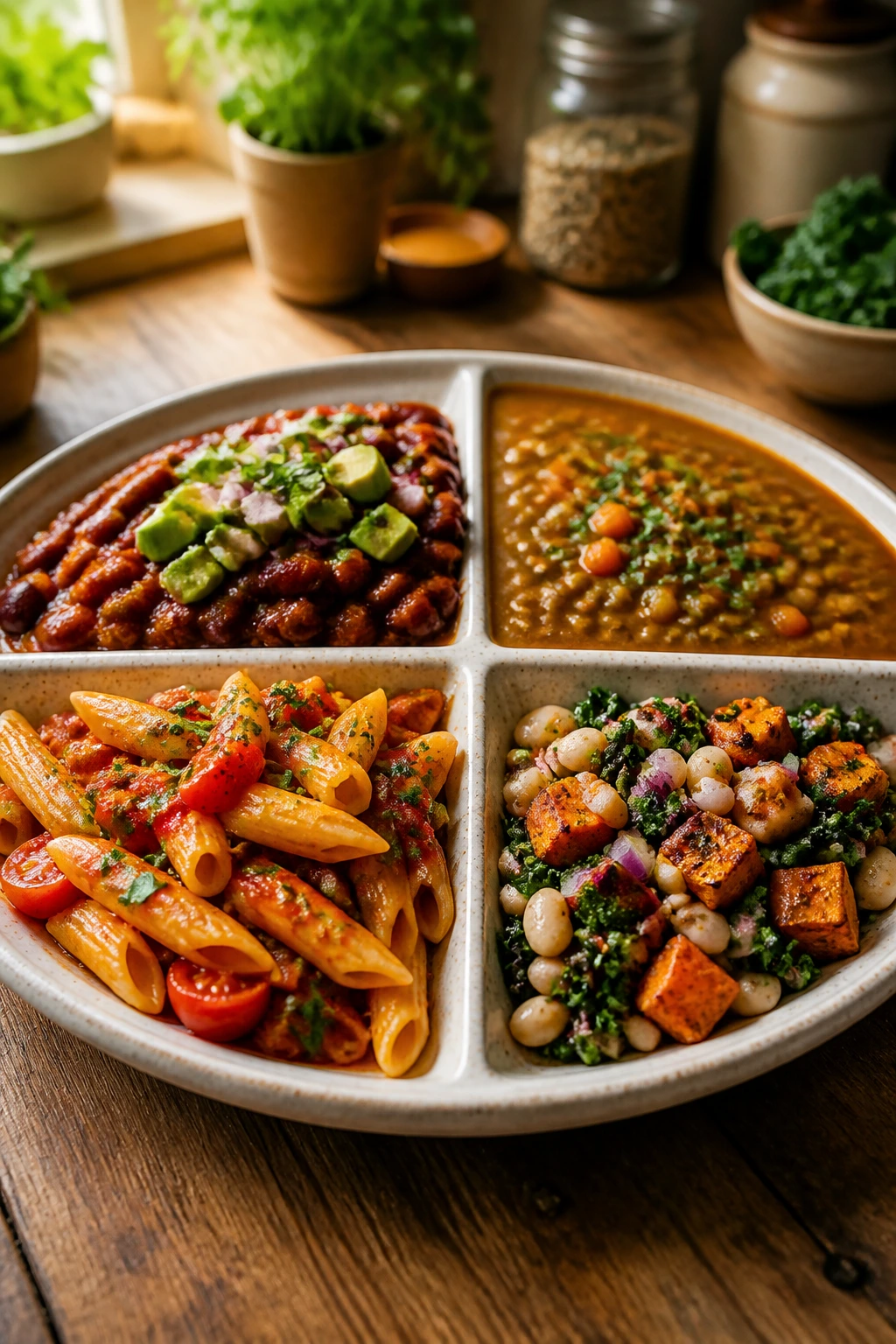 Segmented plate of four budget dinners: chili, lentil soup, gluten-free pasta, and bean bowl on rustic table