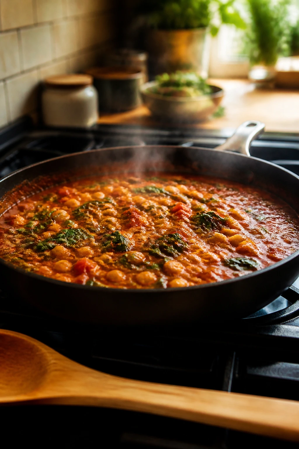 Skillet with bubbling sauce on a stove in a warm home kitchen
