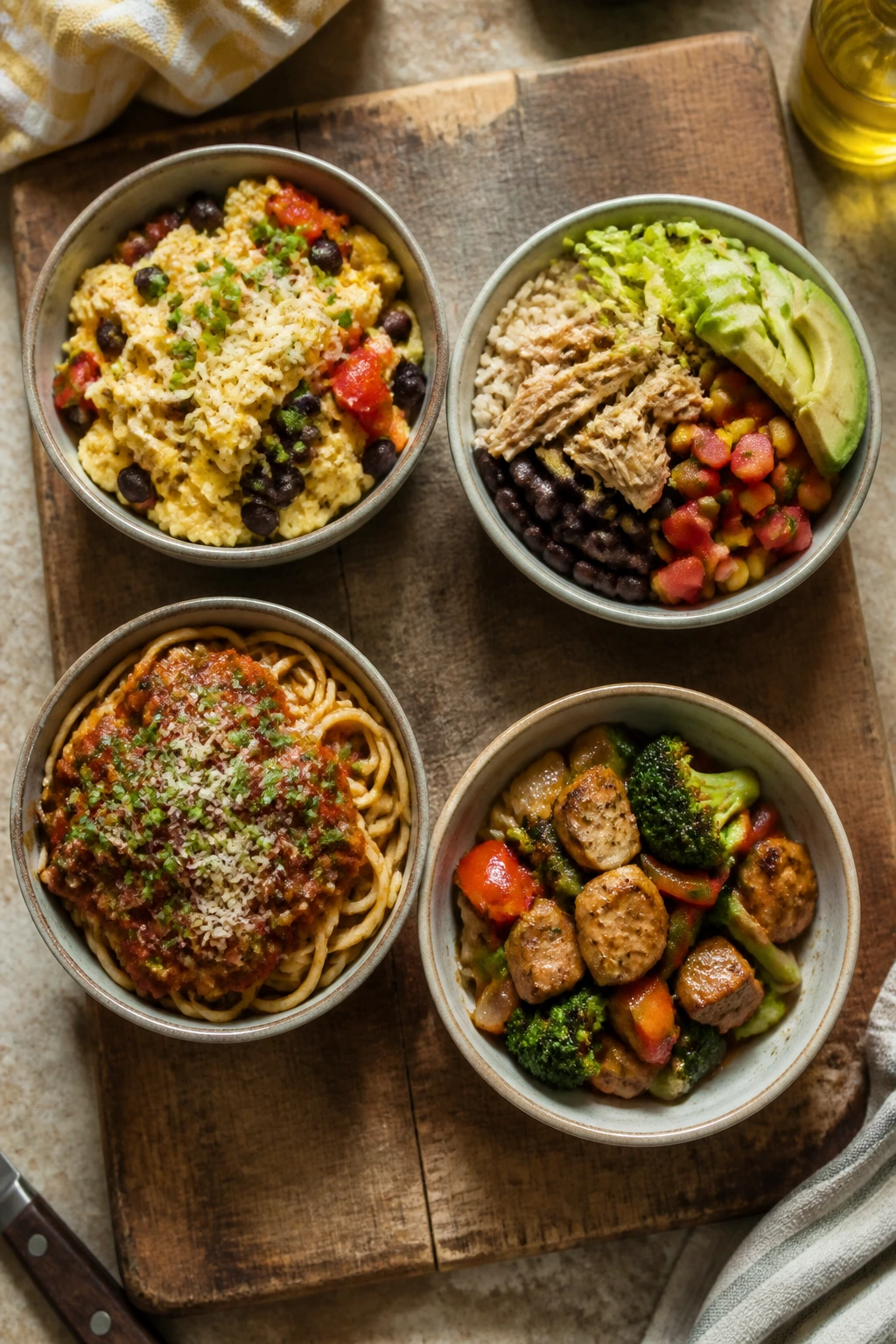 Close-up of four budget-friendly meal bowls on a wooden board.
