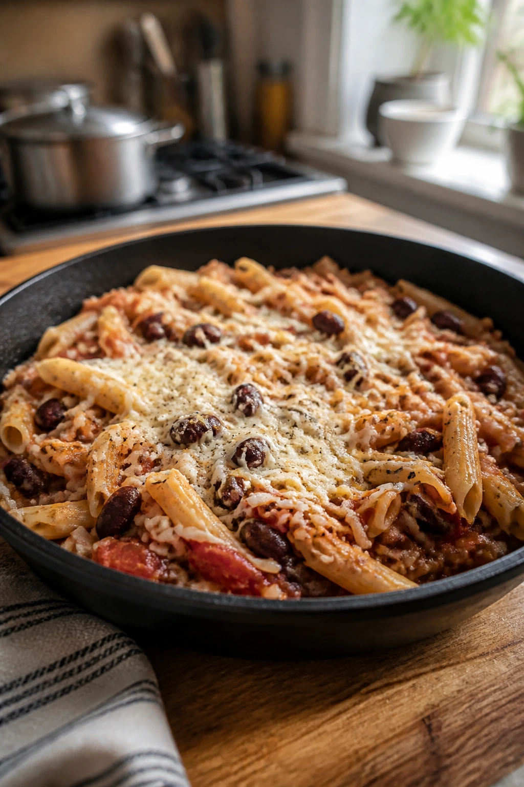 Close-up of budget-friendly weeknight dinner on a plate in a cozy kitchen