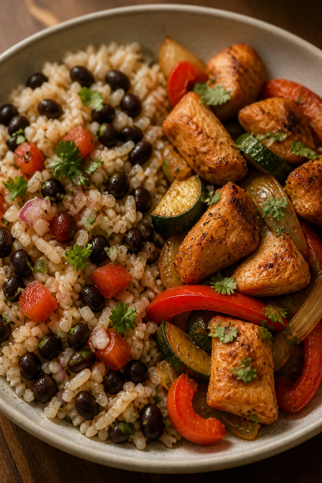 Plate split into two halves: bean-and-rice vs chicken-and-vegetables