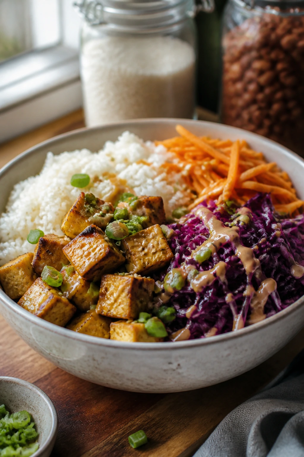 Close-up of a bowl showing base, protein, vegetable, and finish for budget meals