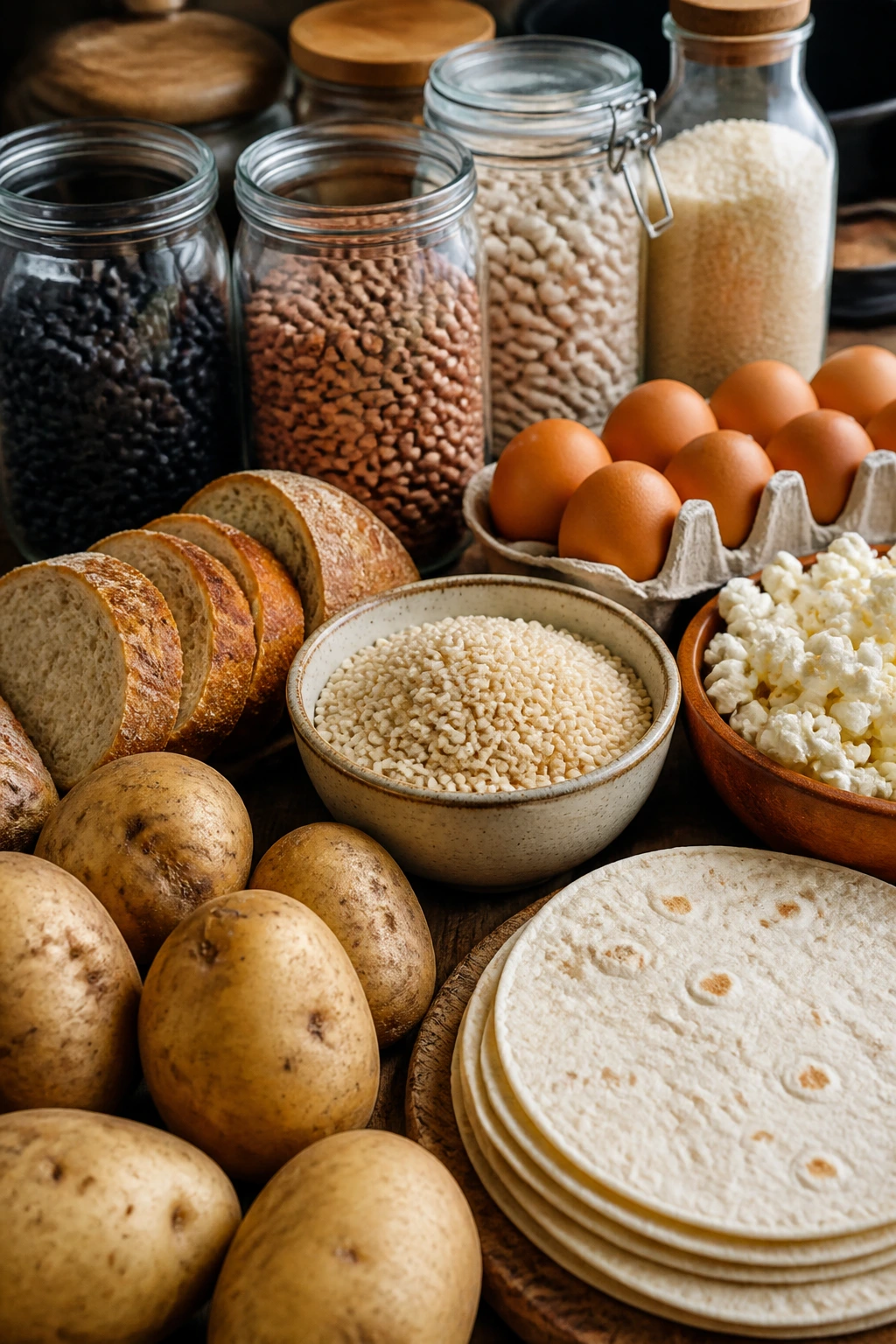 Close-up of pantry staples laid out to illustrate budget-friendly party foods