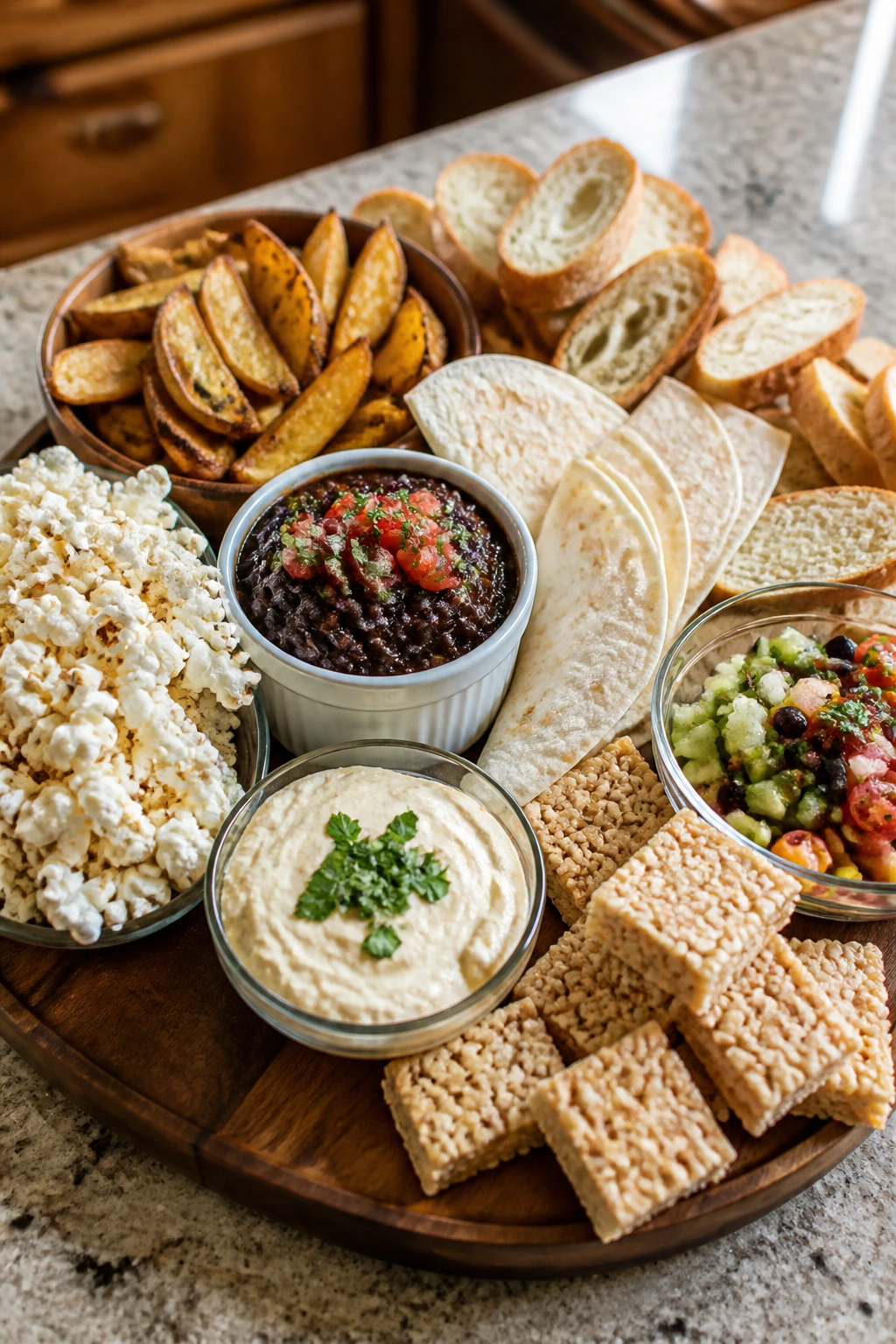 Top-down budget-friendly party foods board with beans, potatoes, tortillas, bread, popcorn, and rice cereal.