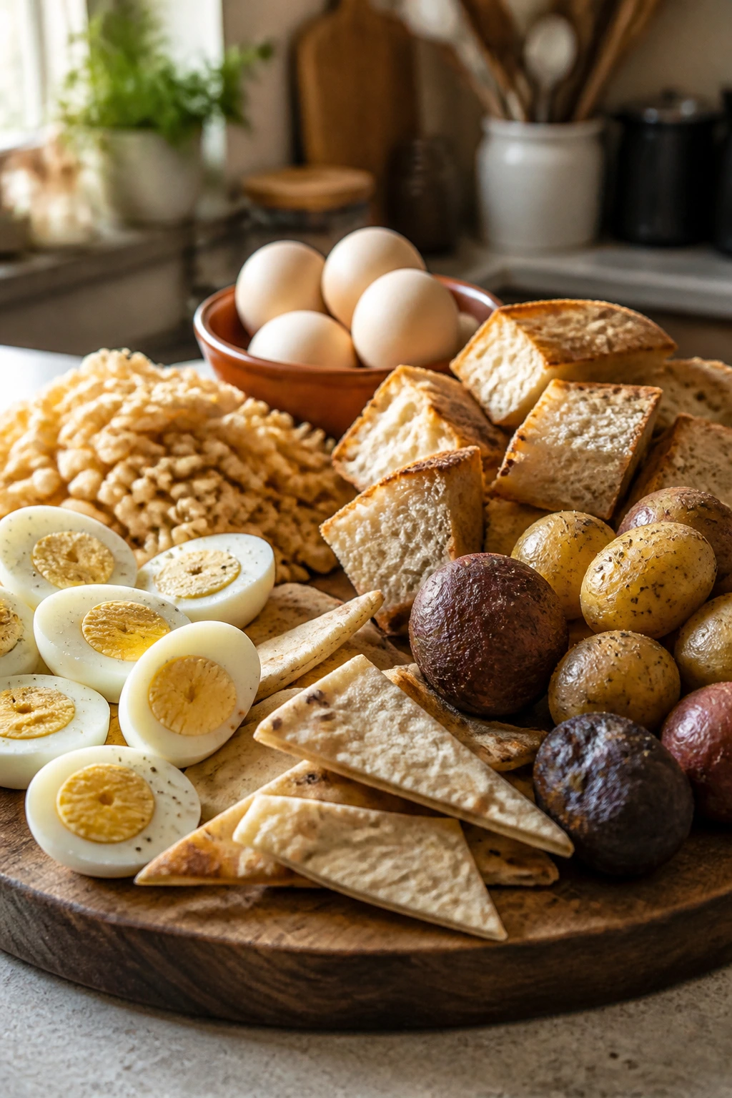 Close-up of budget-friendly party foods on a rustic board