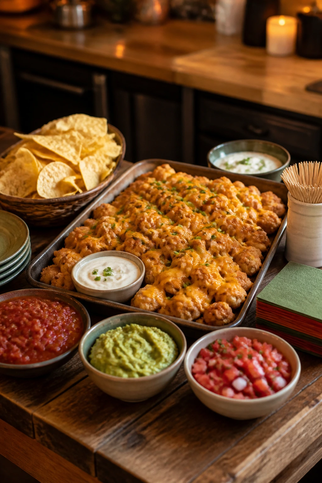 Close-up of a budget party table with central dish and surrounding accompaniments in a warm kitchen