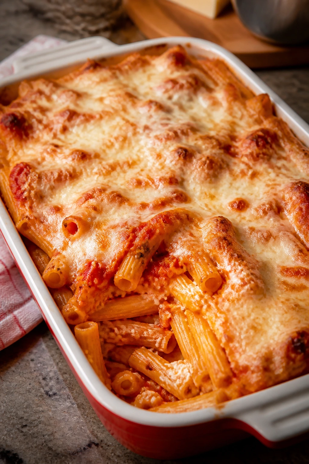 Close-up of baked ziti with cottage cheese bubbling in a baking dish.