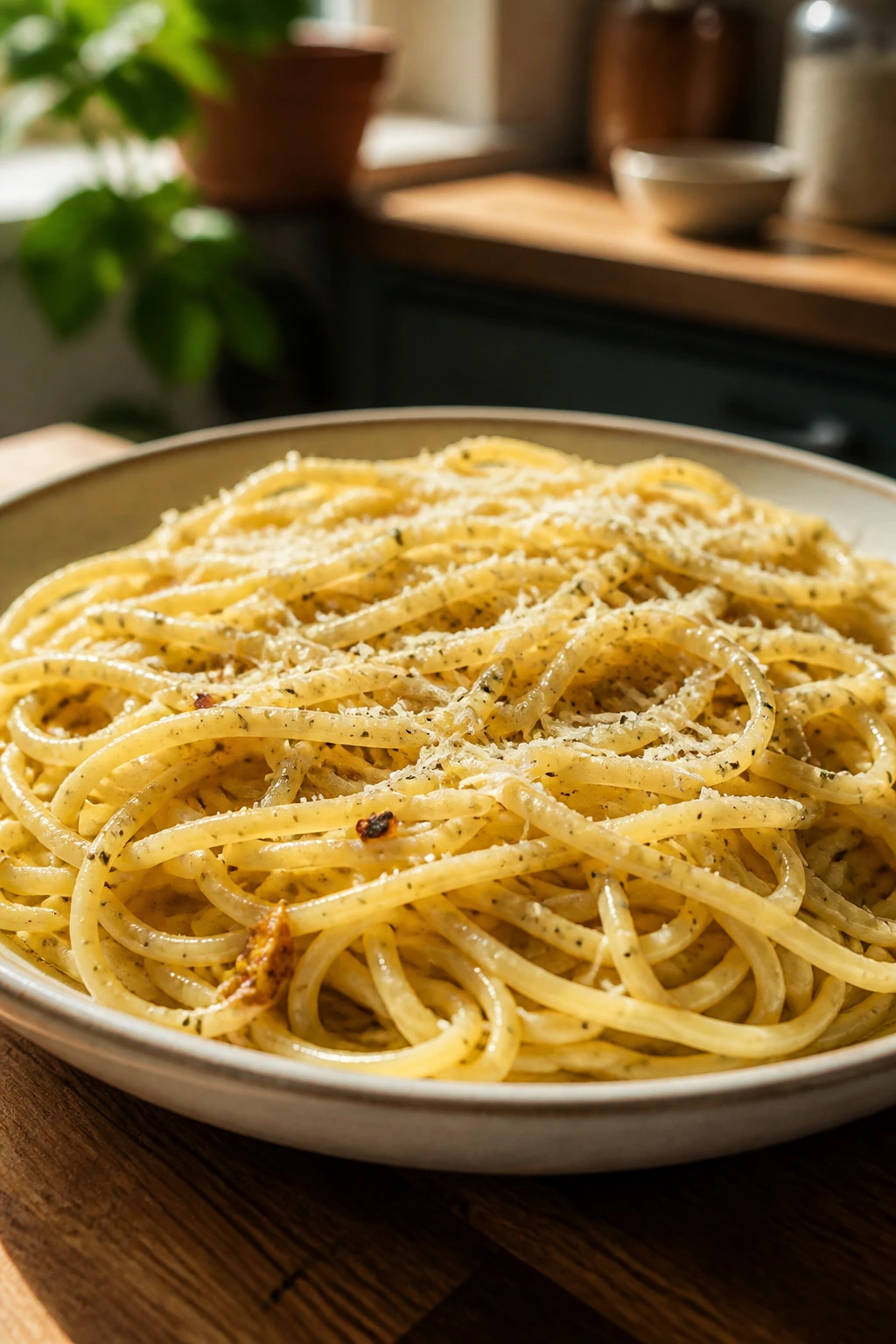 Close-up of a butter-garlic pasta plate in a warm kitchen, budget comfort food