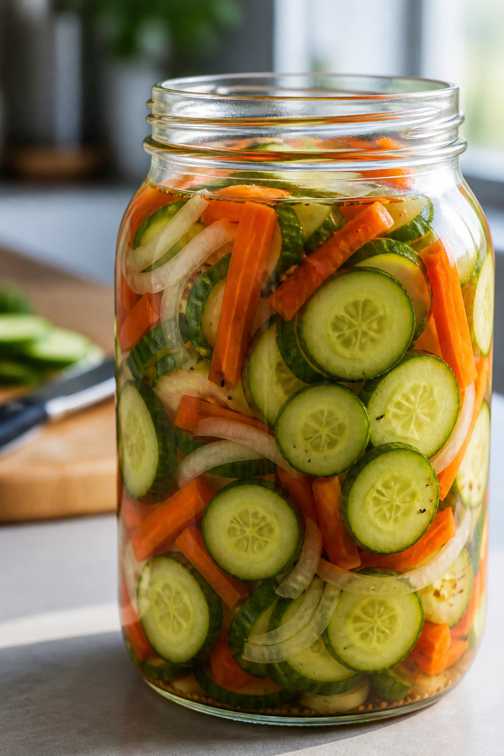 Close-up of a budget pickle jar with vegetables in brine on a kitchen counter