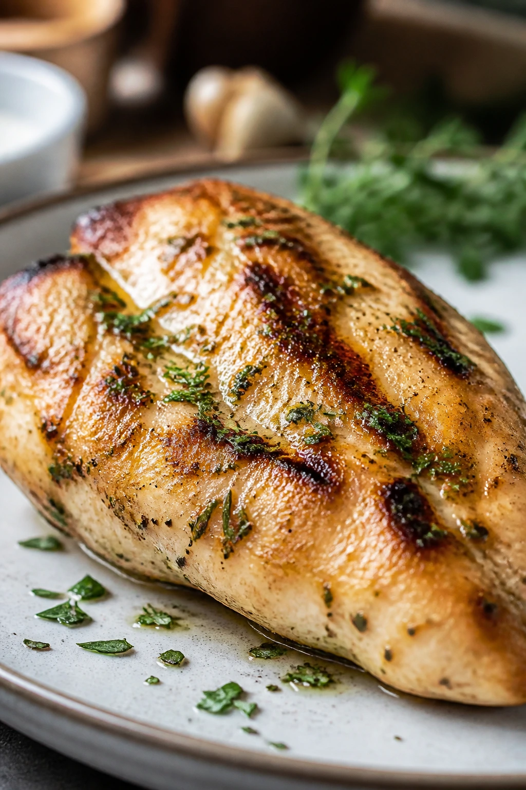 Seared chicken breast plated with herbs on a home kitchen setting