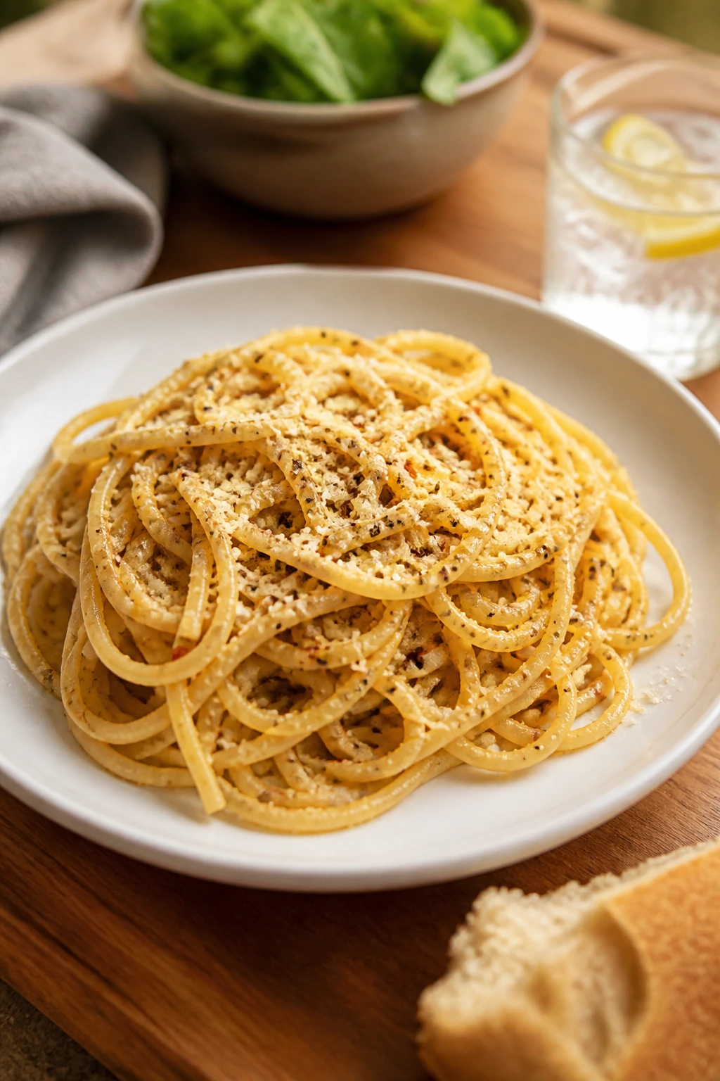 Simple plated pasta on a wooden table, budget-friendly presentation.