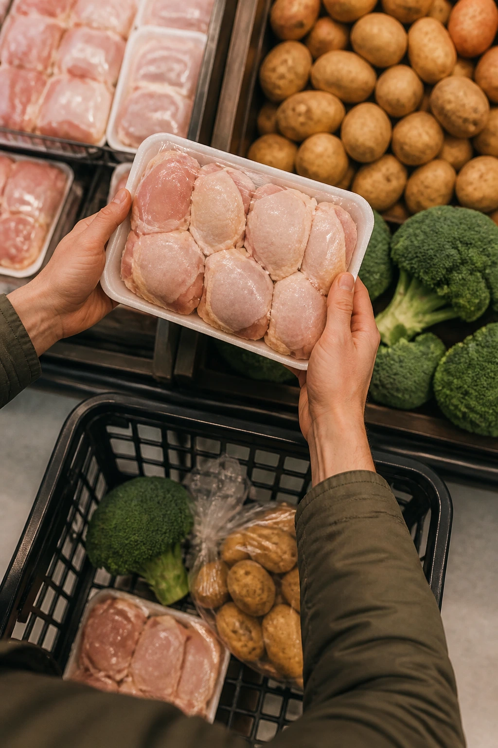 Hands selecting budget-friendly chicken thighs, potatoes, and broccoli in a grocery store
