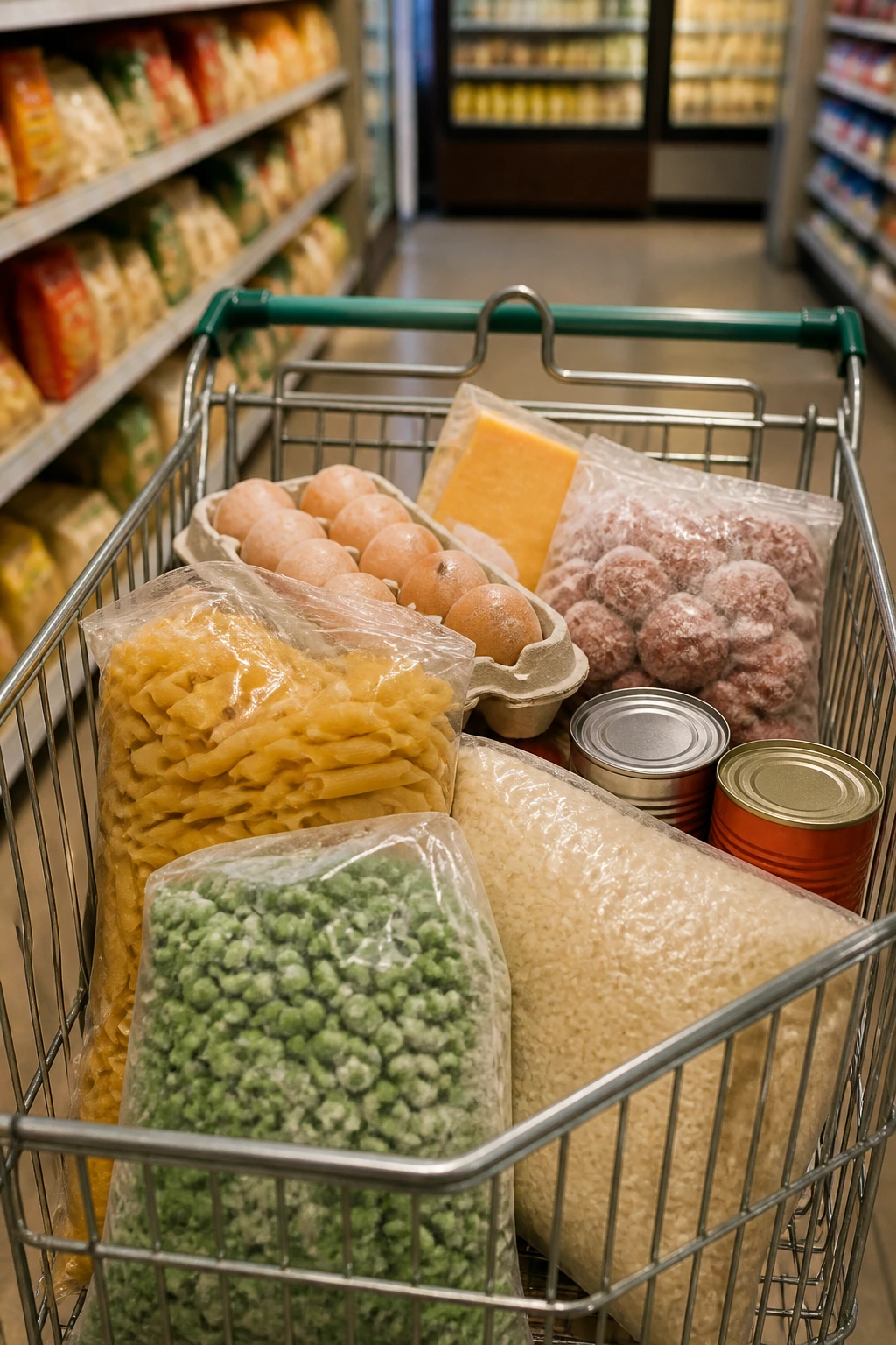Cart filled with unmarked budget groceries in a store setting