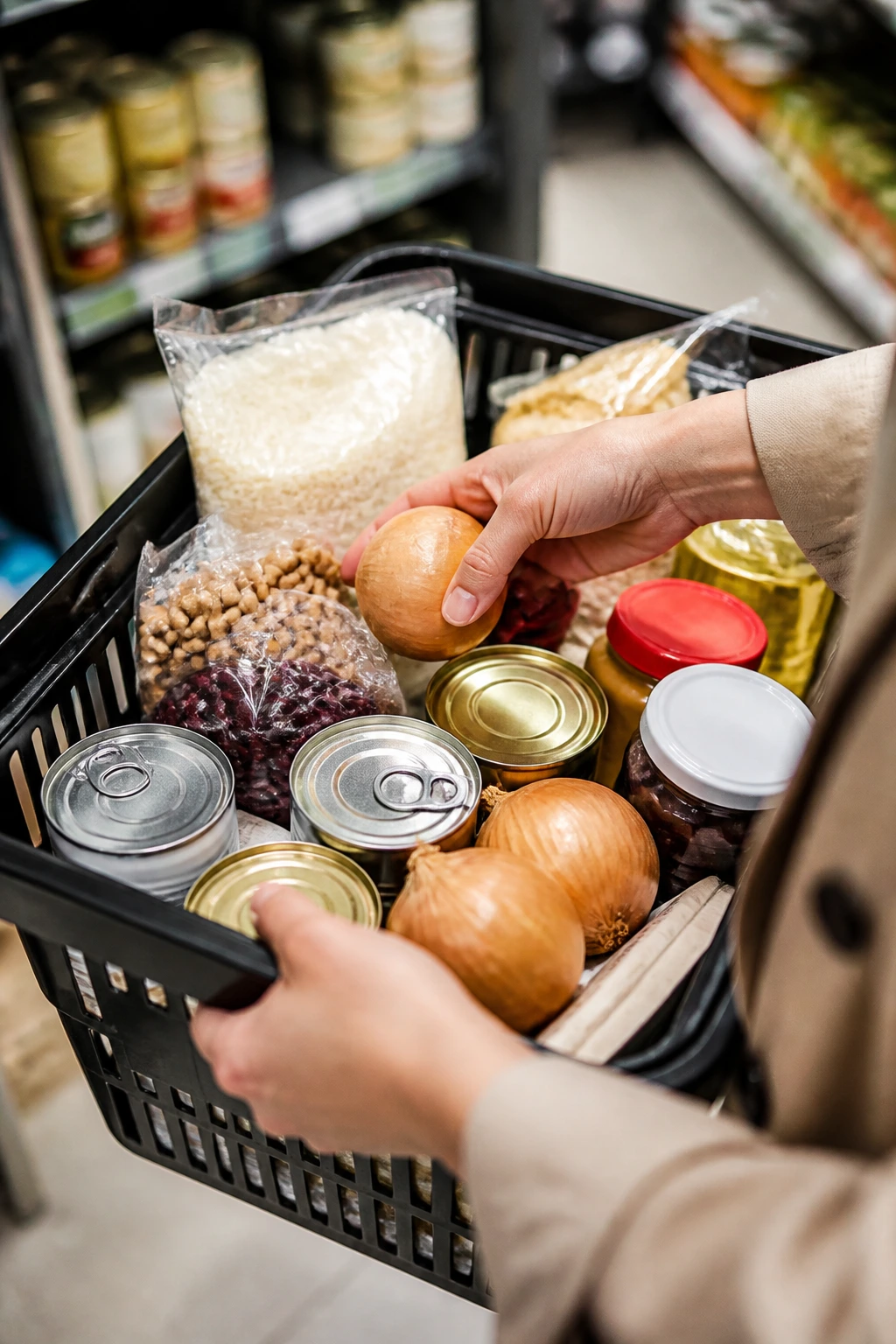 Hands arranging a grocery basket with affordable pantry staples