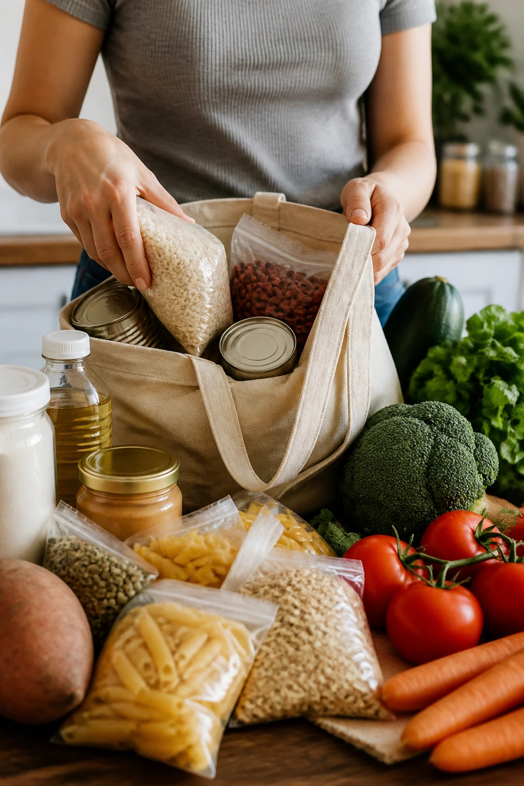 Hands packing unbranded budget groceries into a tote bag