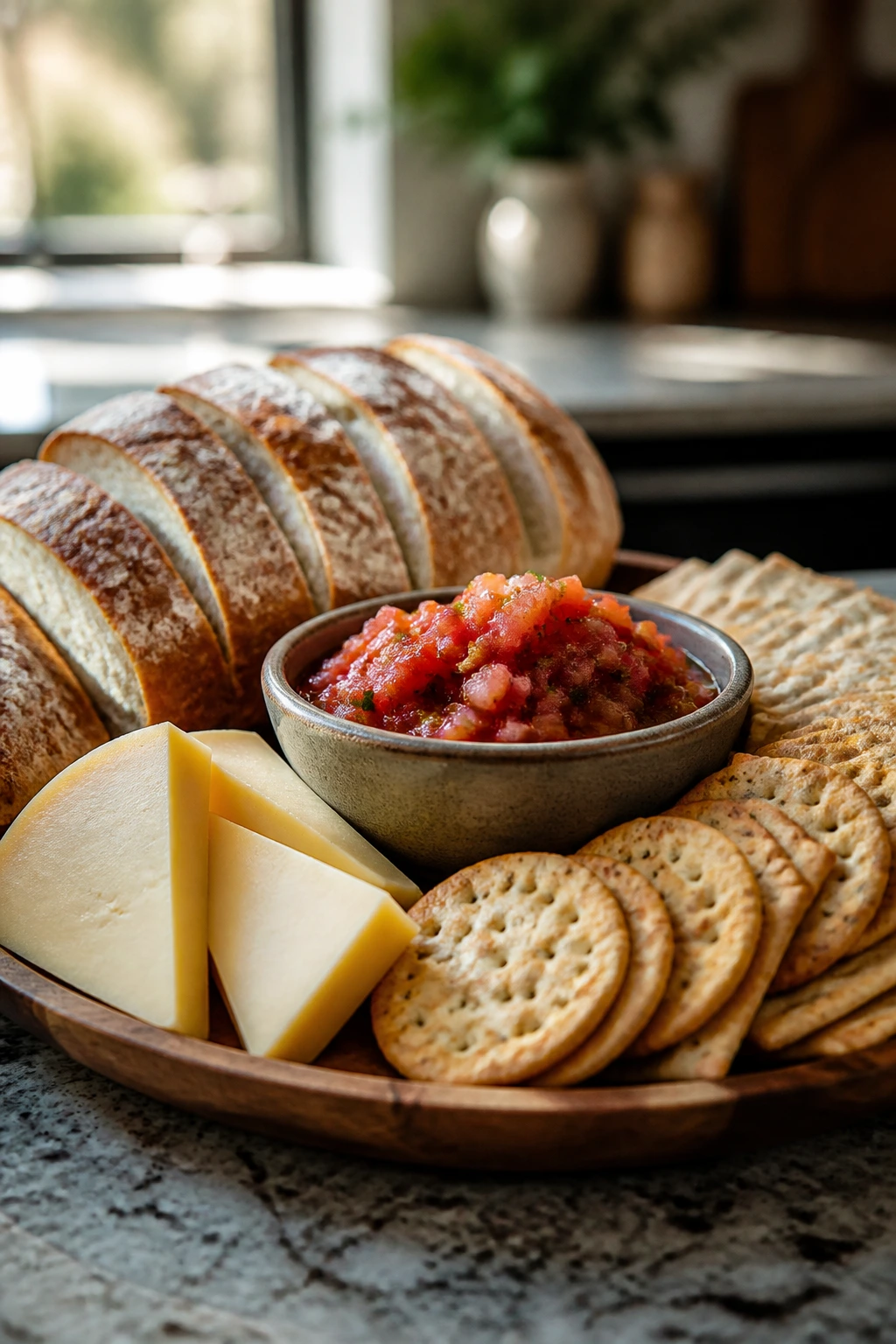 Close-up of budget-friendly party snacks on a board: bread, salsa, cheese, and crackers