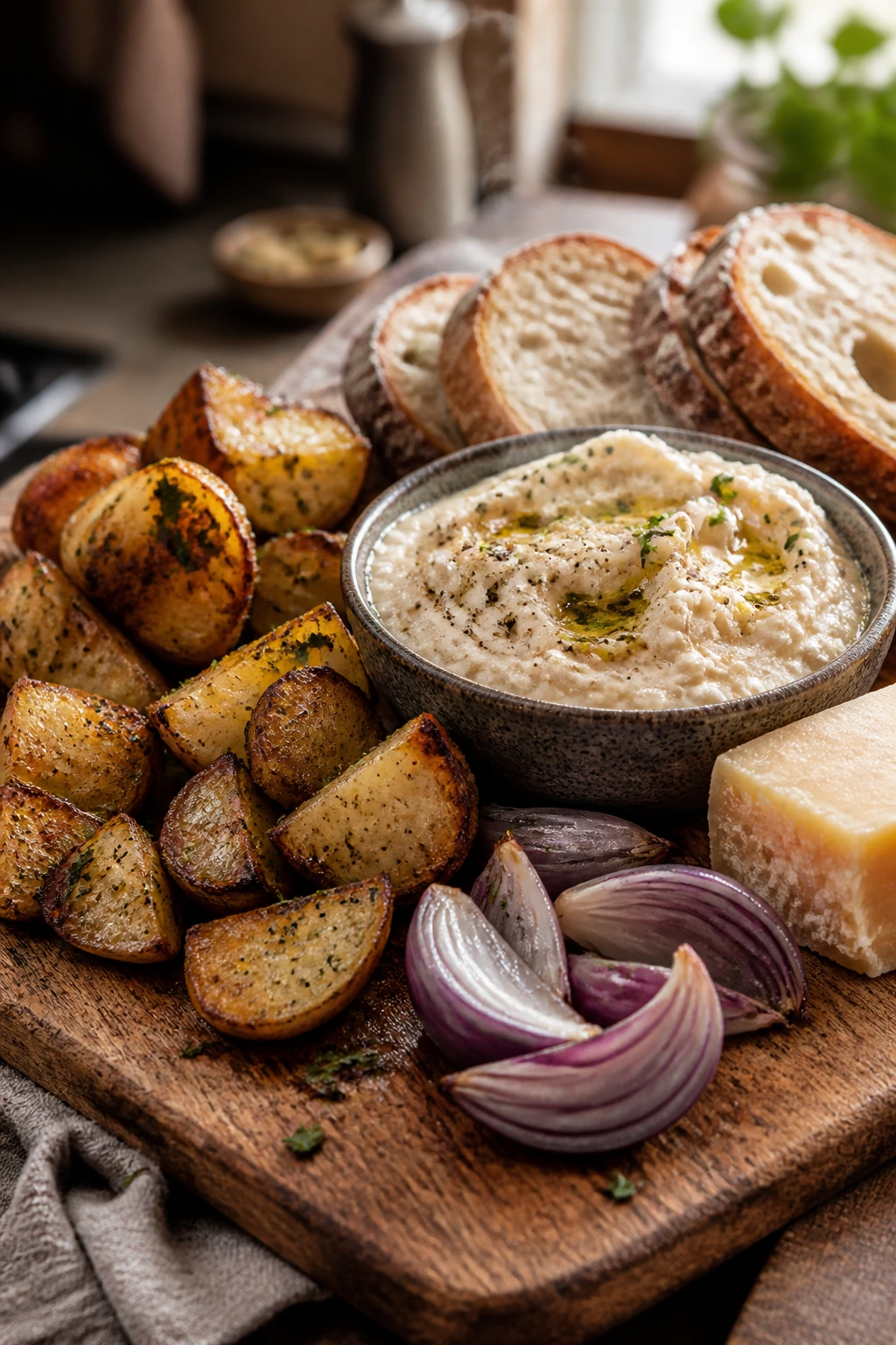 close-up of a ten-dollar budget spread on a wooden board with potatoes beans bread onions and cheese