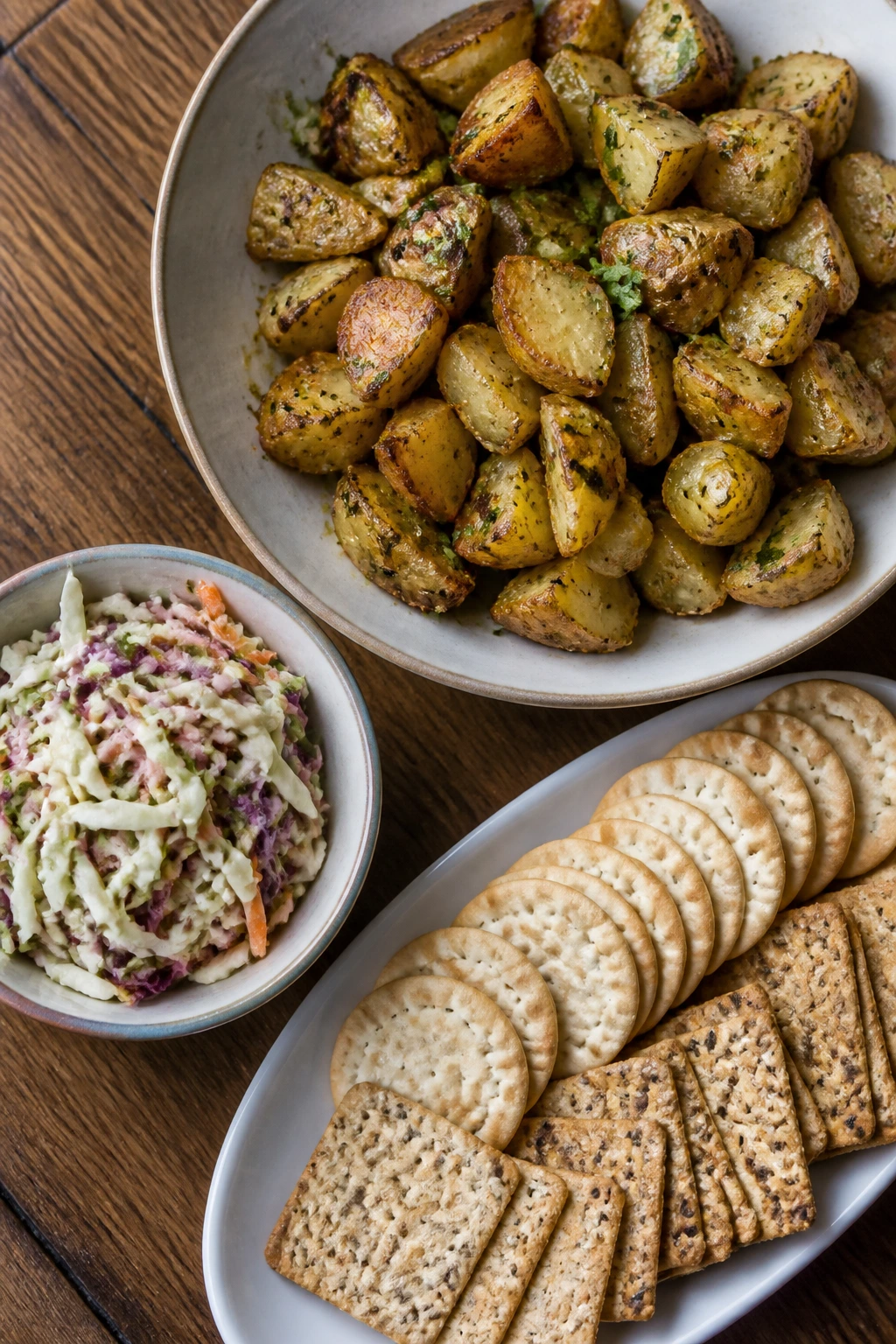 Overhead view of a budget-friendly spread with potatoes, slaw, and crackers on a table