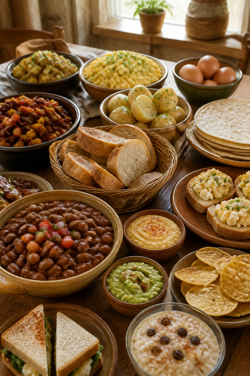 Generous budget table spread featuring beans, eggs, bread, potatoes, and tortillas on a rustic wooden table