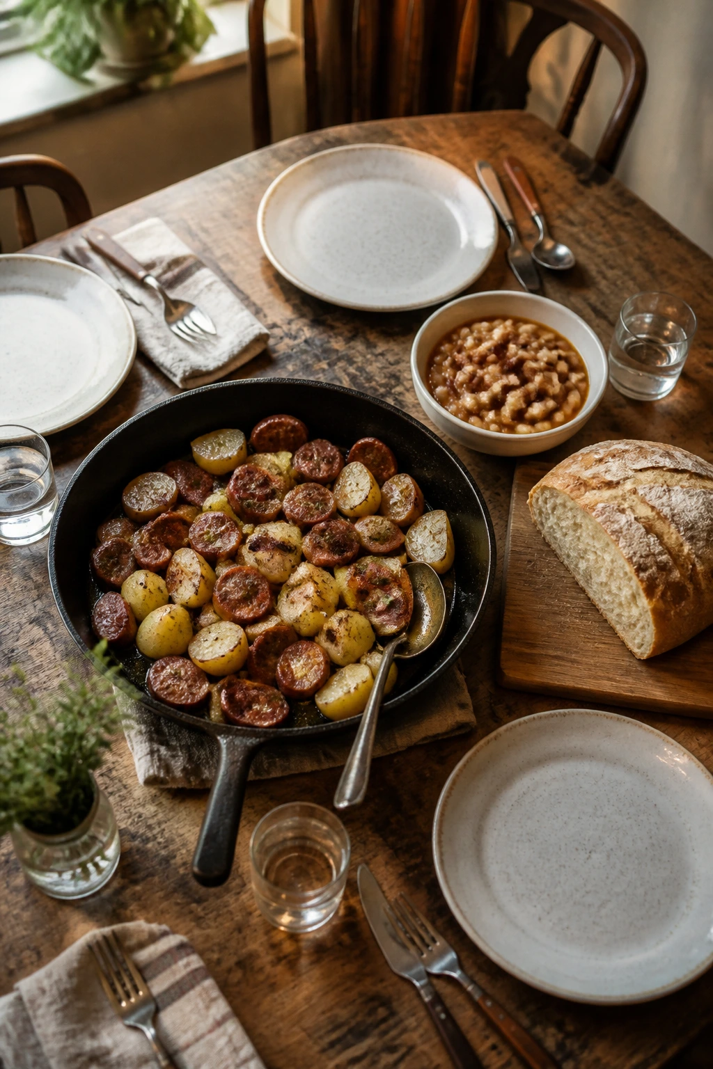 Top-down view of a rustic table with a budget-friendly dinner spread