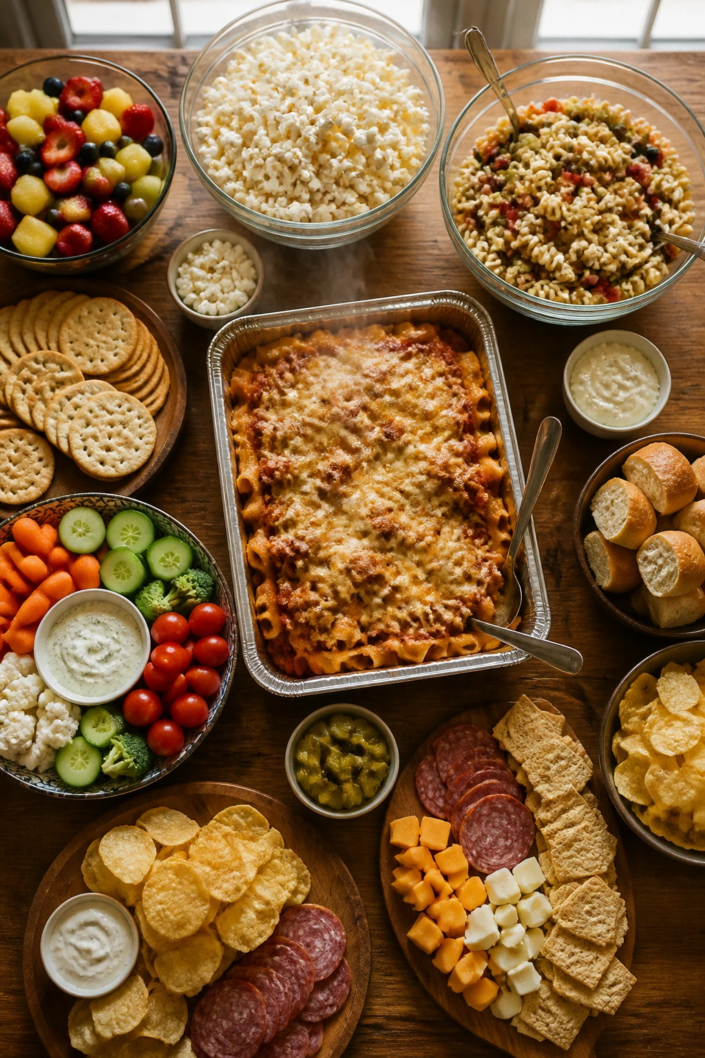 Top-down view of a rustic table with affordable snacks arranged to look abundant