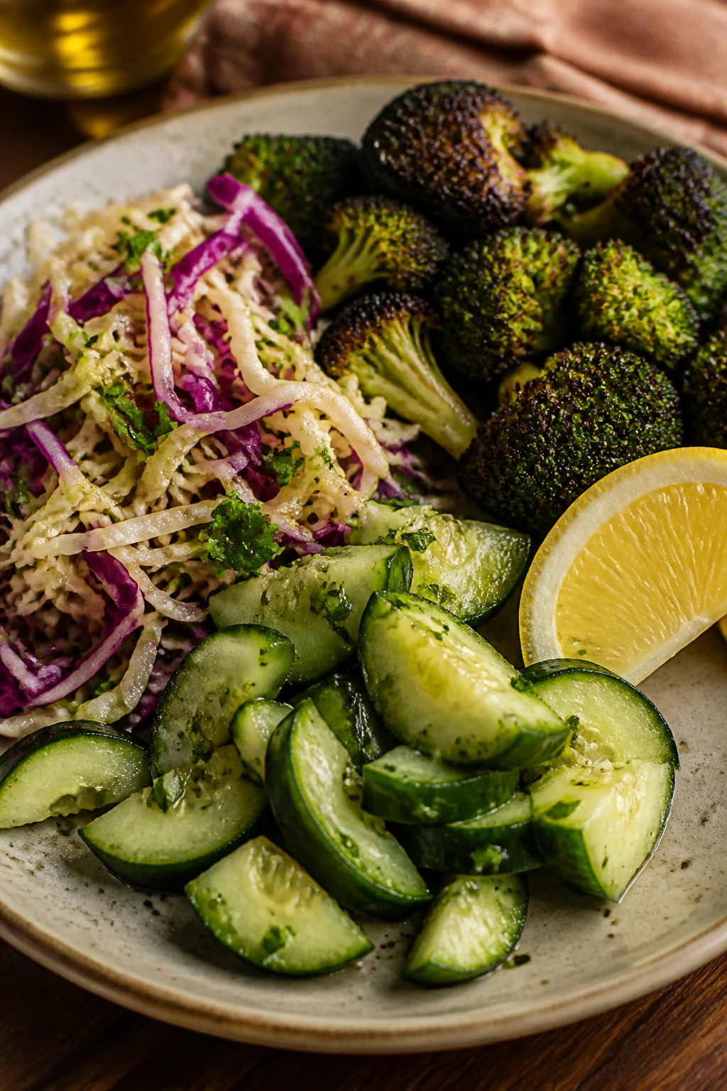 Plate with crunchy cabbage, cucumber, and broccoli textures