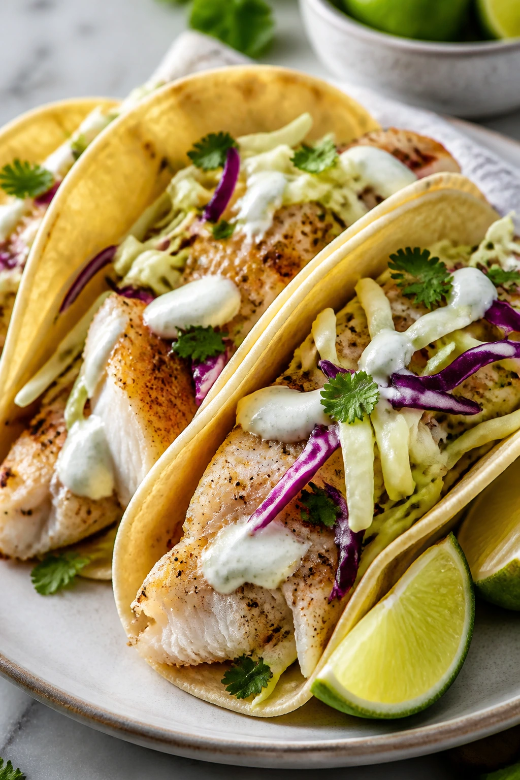 Plate of tilapia tacos with cabbage and lime