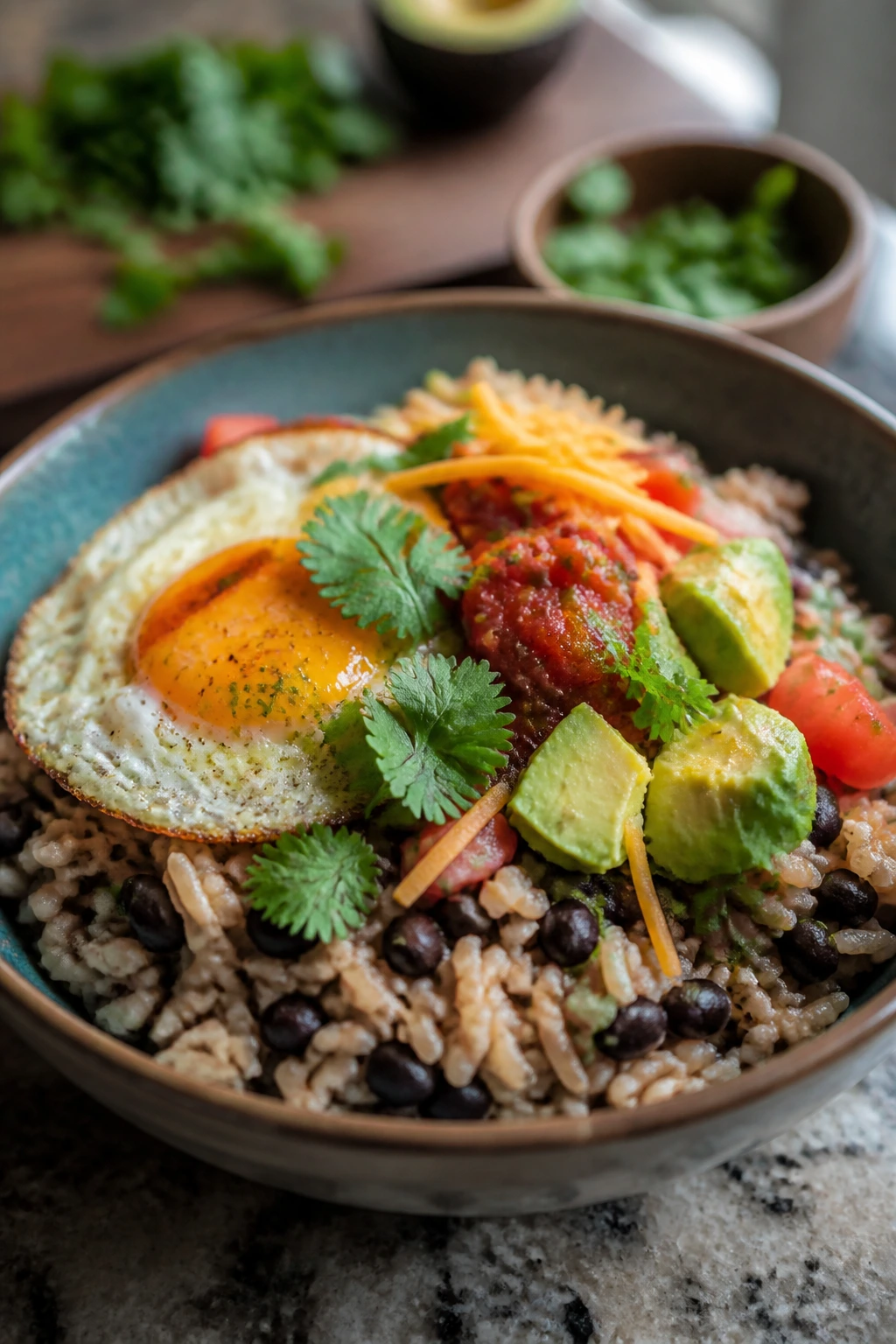 Colorful budget-friendly grain bowl with toppings on a kitchen counter.