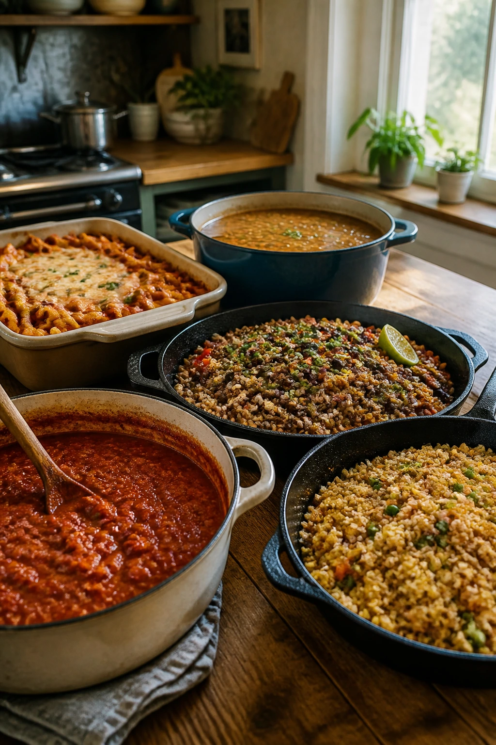 Close-up of a rustic kitchen island with a spread of budget-friendly weeknight dinners.