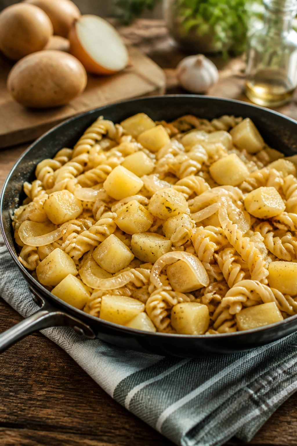 Close-up of a budget-friendly weeknight dinner in a skillet on a wooden counter