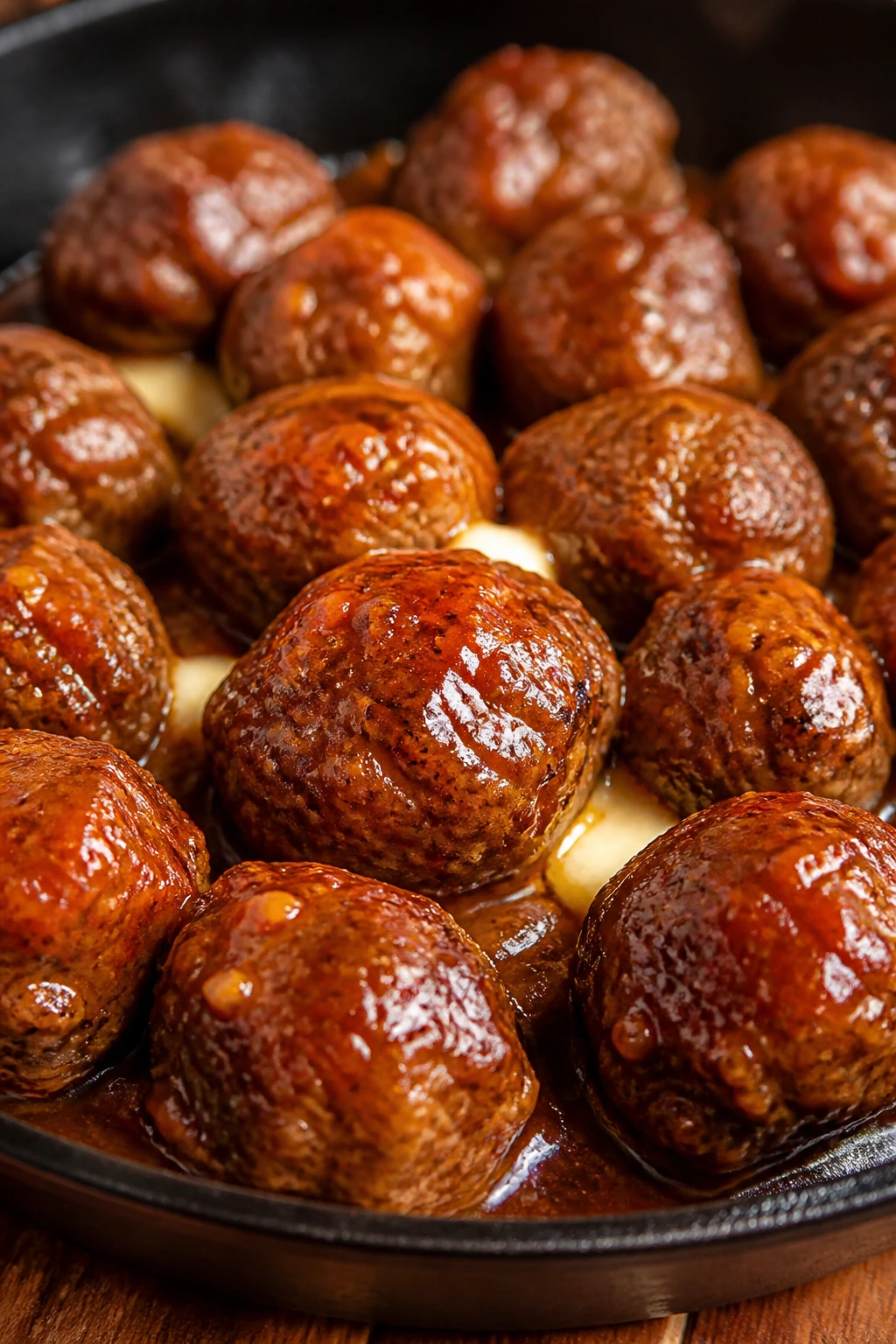 Meatballs in buffalo barbecue glaze on skillet