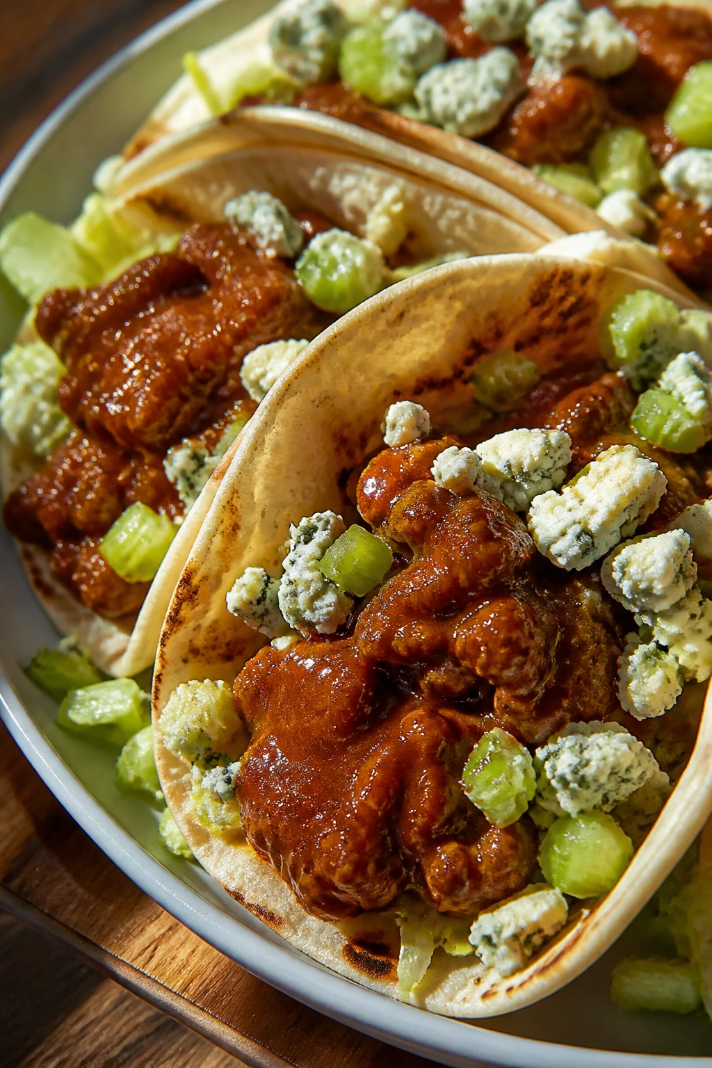 Close-up of buffalo beef tacos with celery and blue cheese on a plate