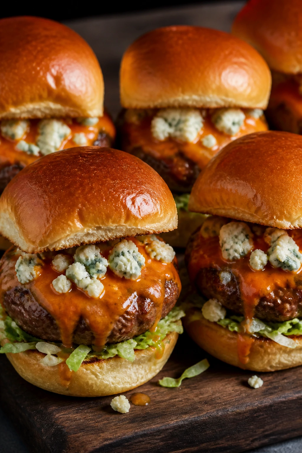 Close-up of Buffalo Blue Cheese Sliders with blue cheese and buffalo sauce