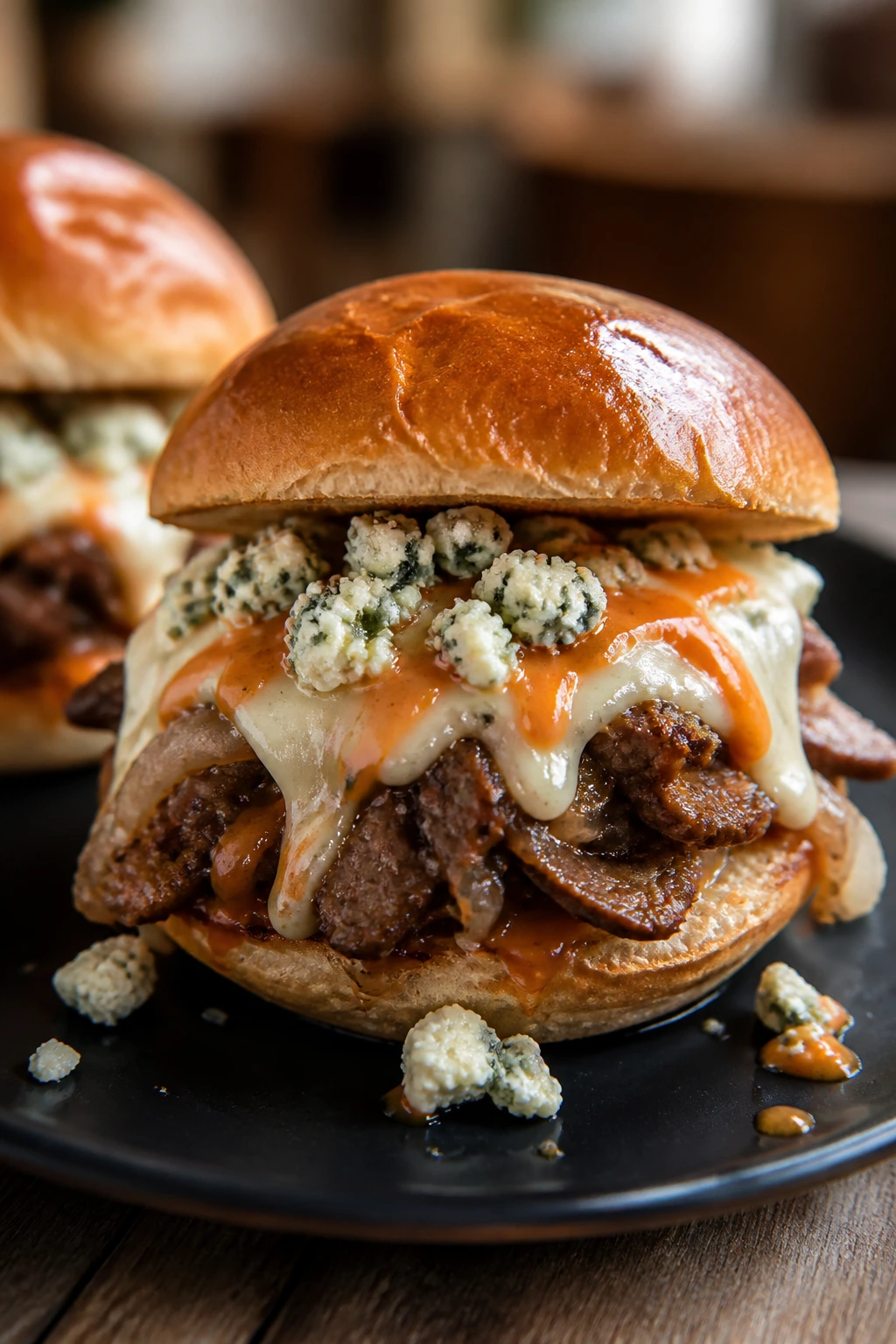 Close-up of Buffalo Blue Cheese Sliders with blue cheese crumbles