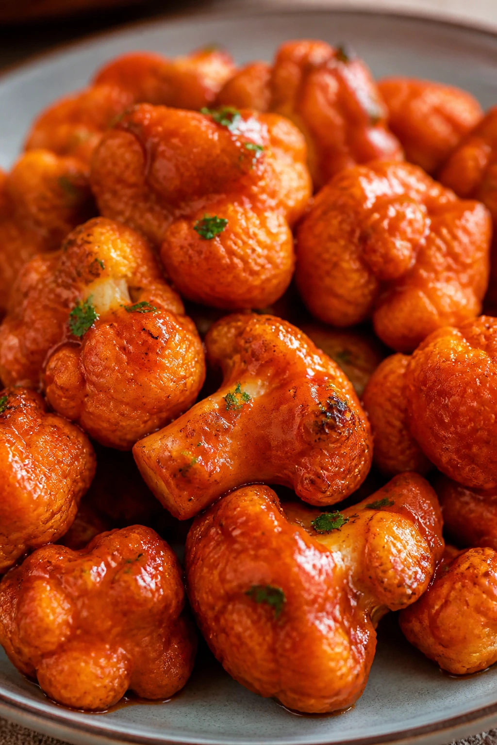 Close-up of buffalo cauliflower bites with glossy sauce on a plate