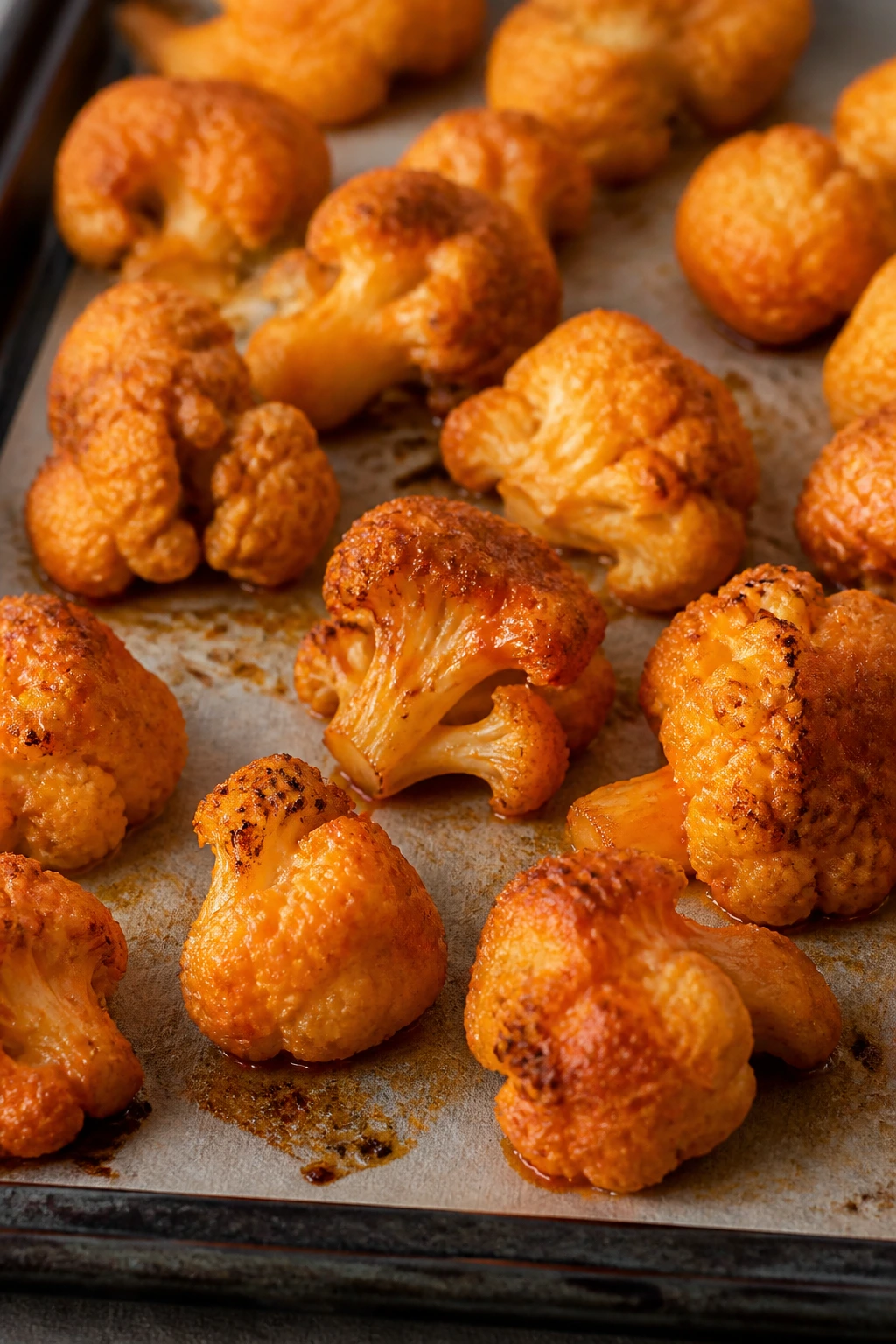 Crispy buffalo cauliflower bites on a baking sheet