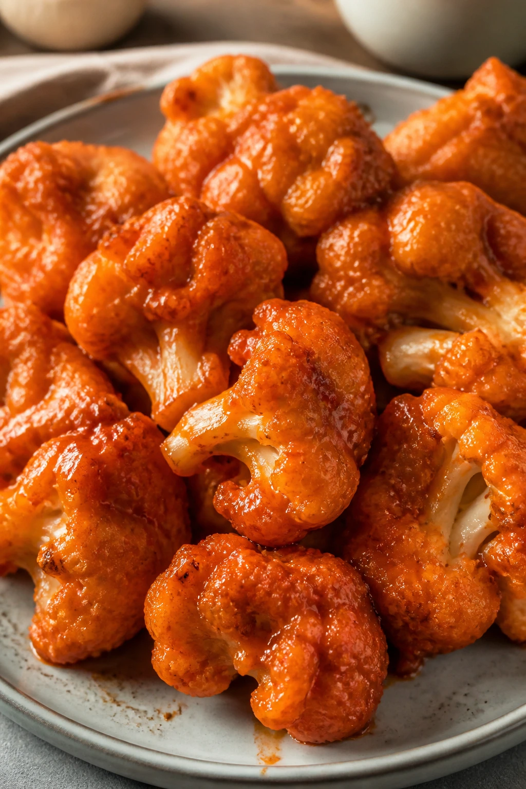 Buffalo cauliflower bites on a plate with buffalo glaze