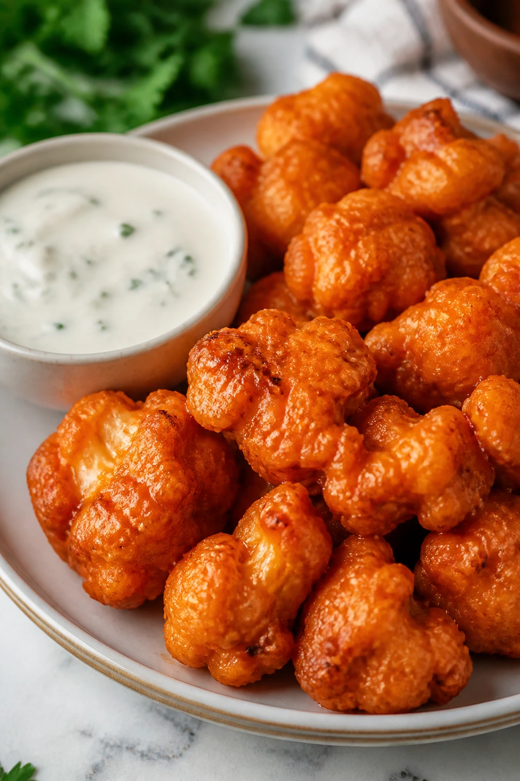 Buffalo cauliflower bites with ranch dip on a plate