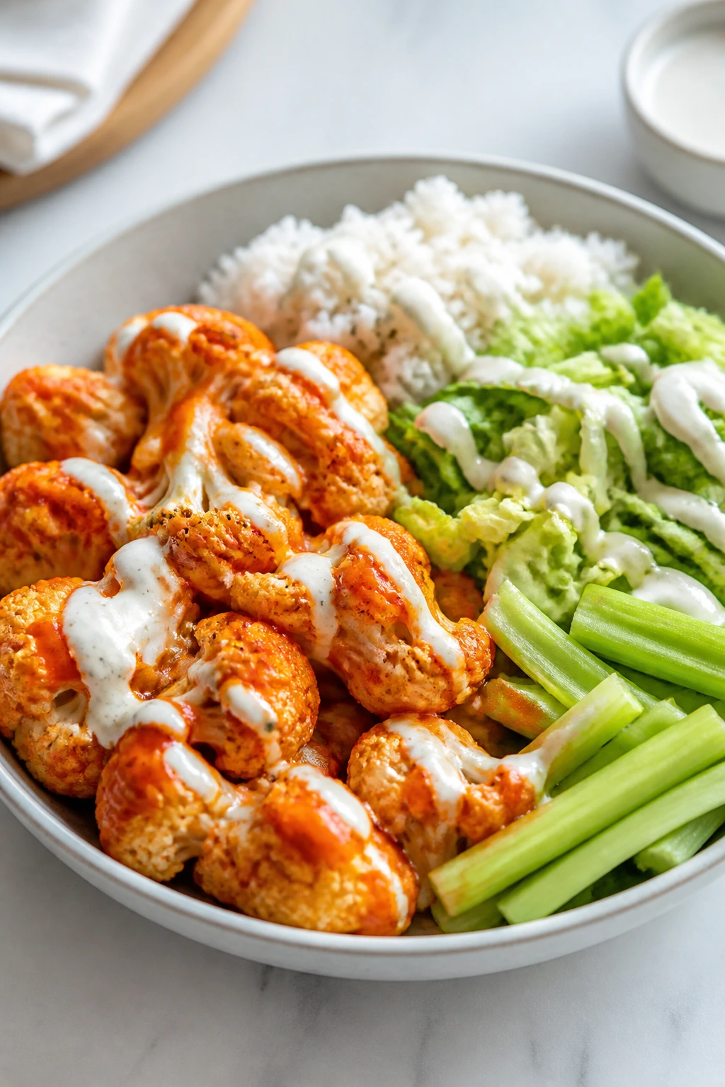 Close-up of Buffalo Cauliflower Ranch Bowl with buffalo cauliflower, rice, romaine, celery in kitchen