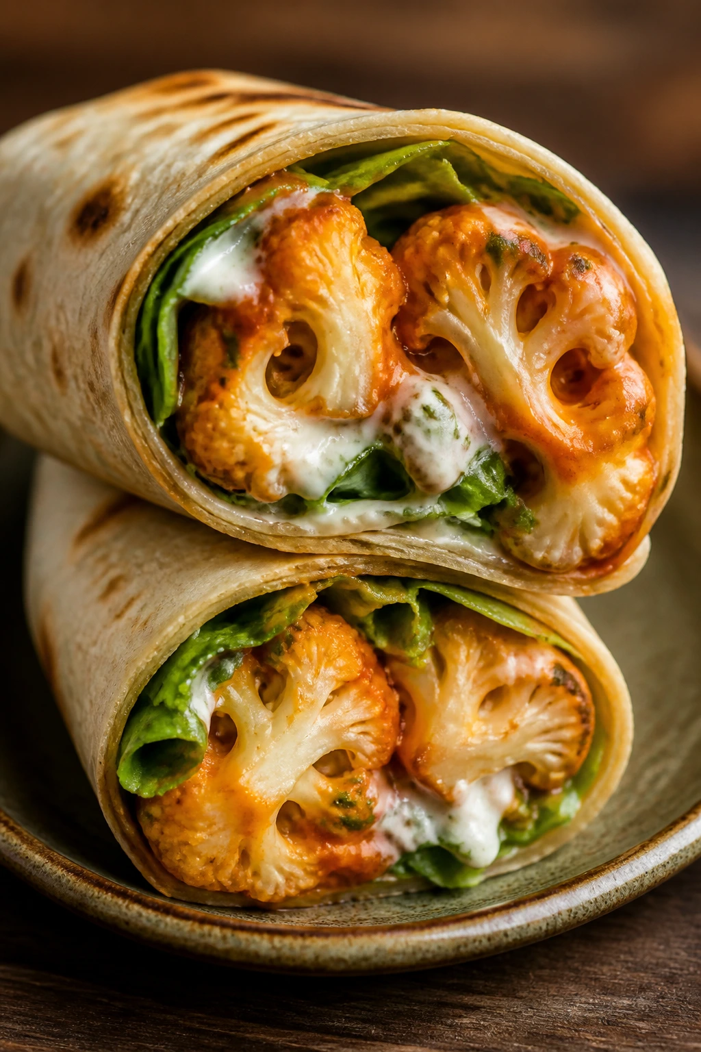 Cross-section of Buffalo Cauliflower Tortilla Roll showing spicy filling