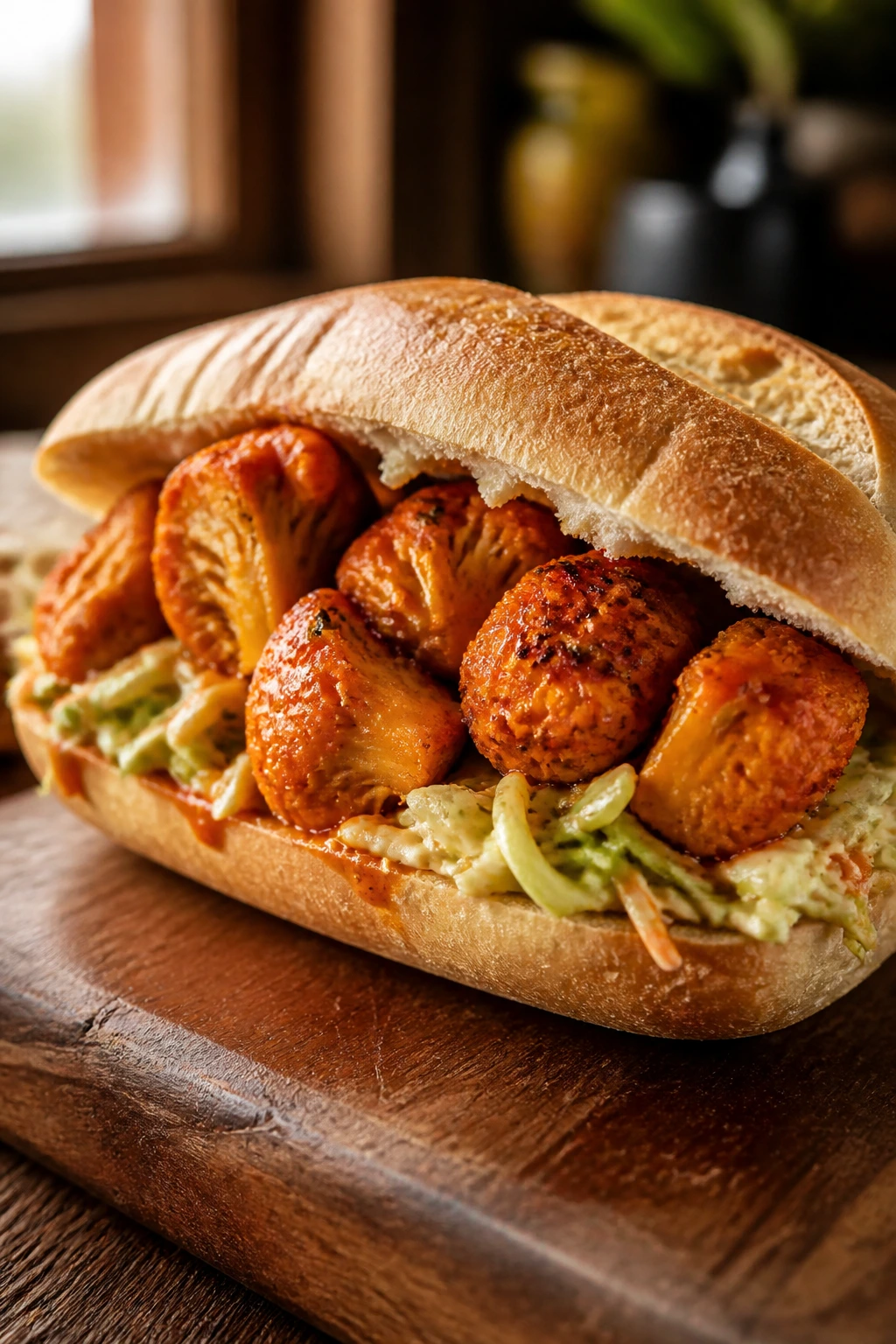 Close-up of a buffalo cauliflower sub with celery slaw on a wooden board
