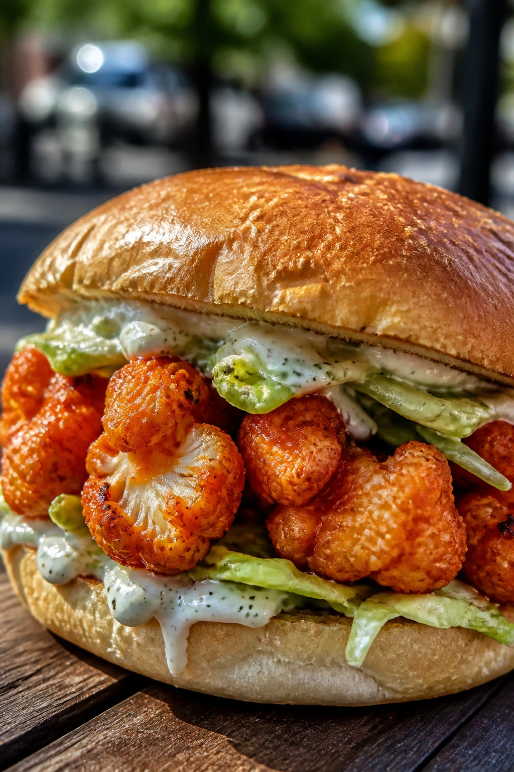 Buffalo cauliflower sandwich with crisp florets and greens.