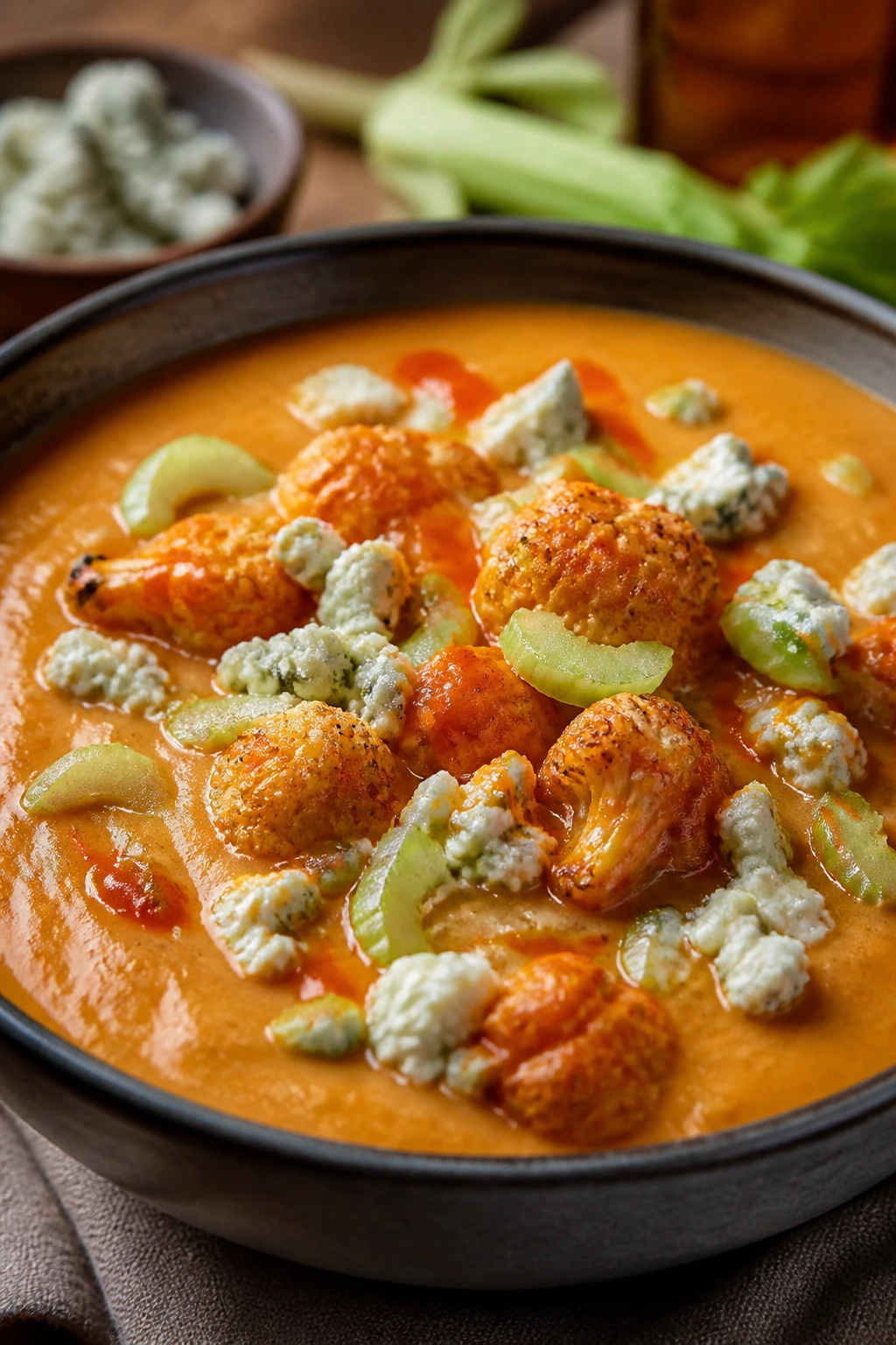Buffalo cauliflower soup with blue cheese crumbles on top