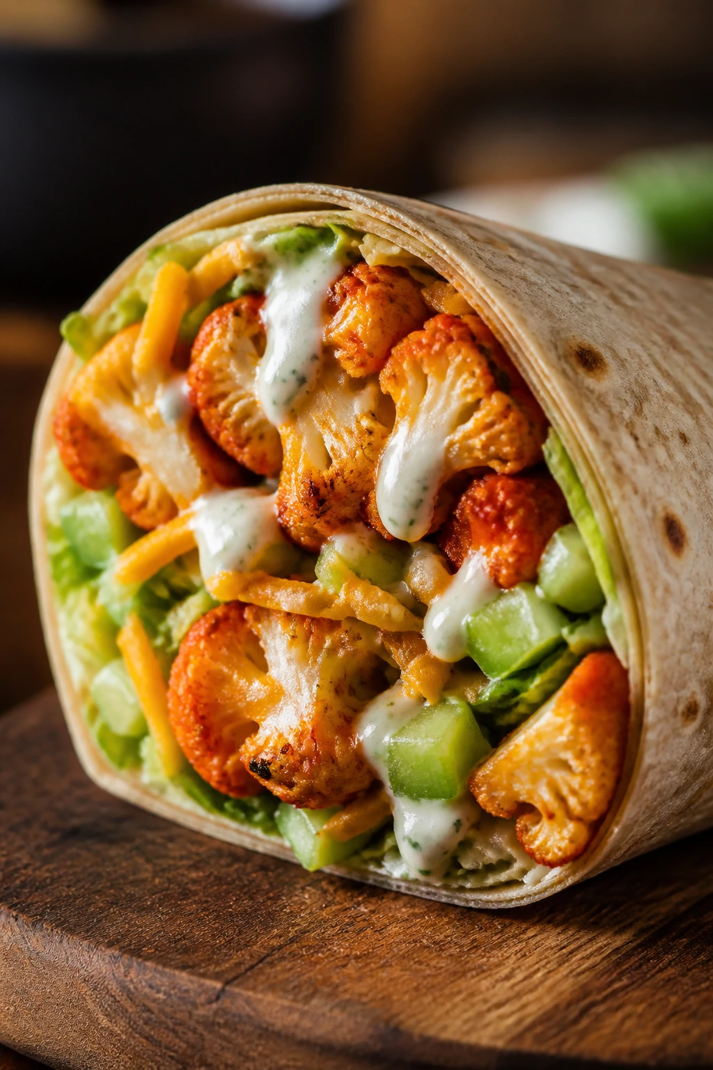 Cross-section of Buffalo Cauliflower Ranch Wrap with buffalo cauliflower and ranch