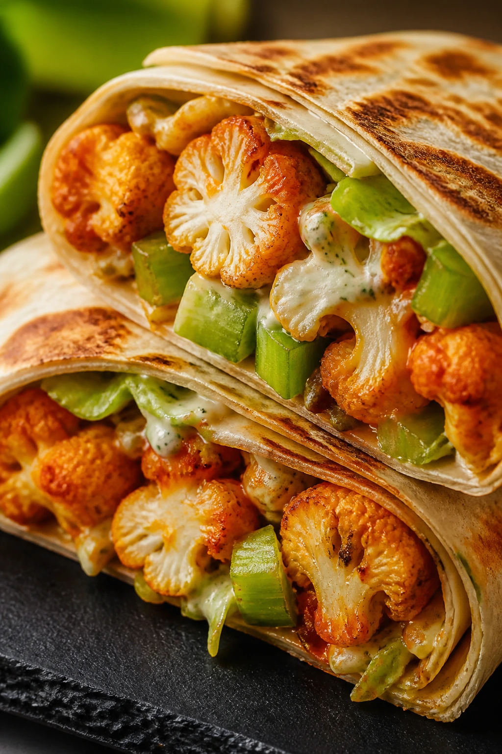 Close-up of Buffalo Cauliflower and Celery Crunch Wraps showing crisp cauliflower and celery.