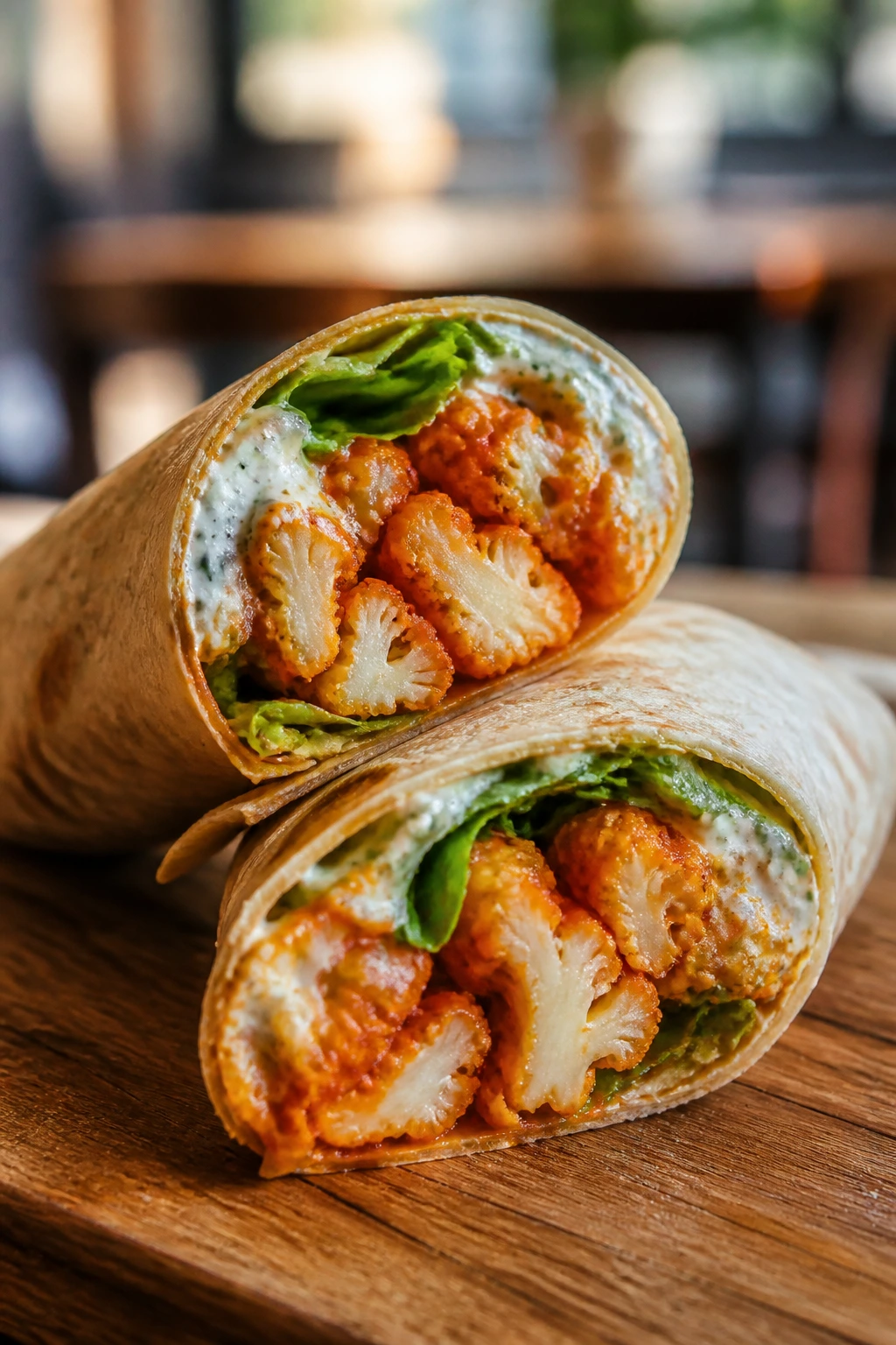 Buffalo cauliflower wrap cut in half showing crisp cauliflower inside