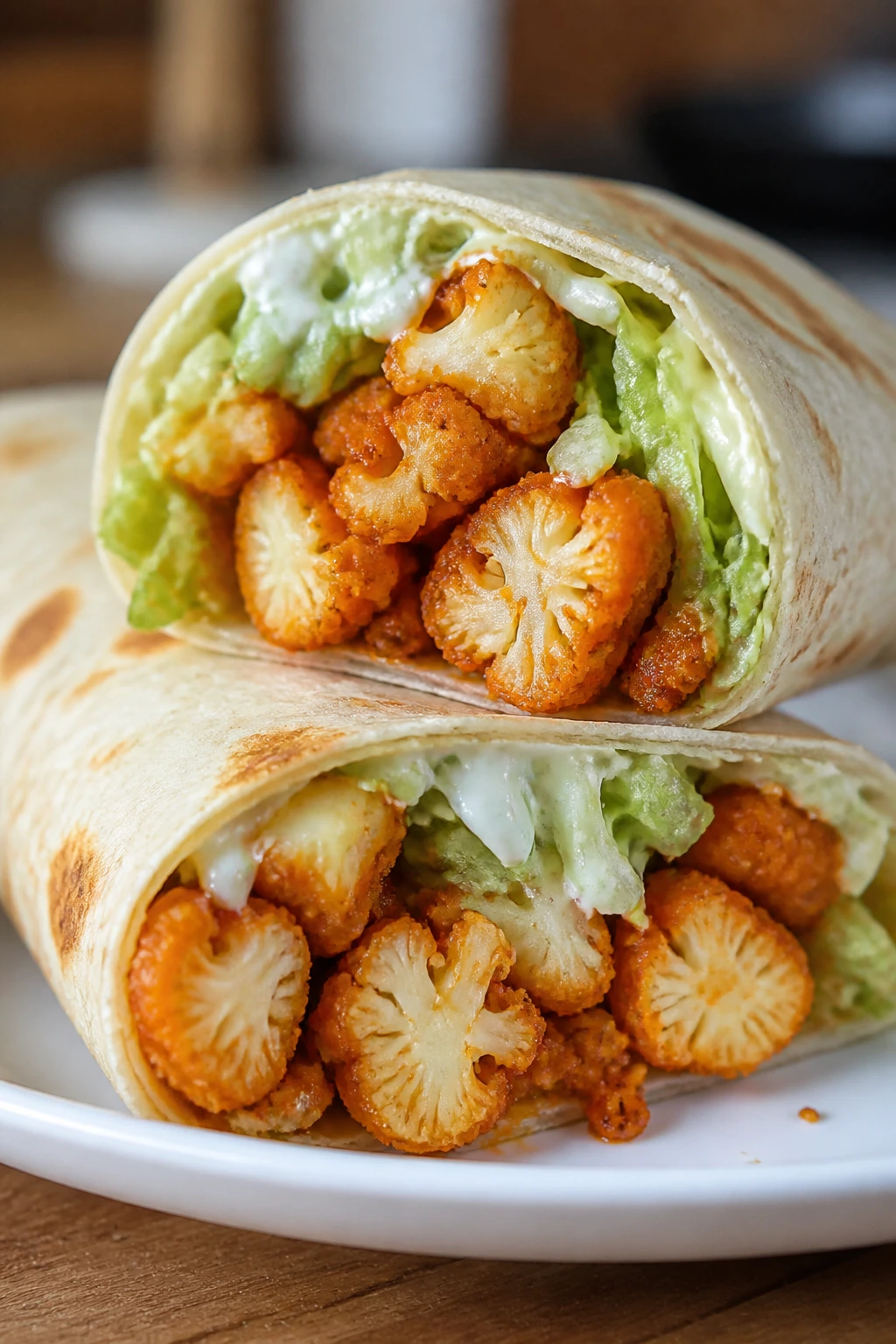 Buffalo cauliflower wrap on a plate with lettuce and buffalo sauce
