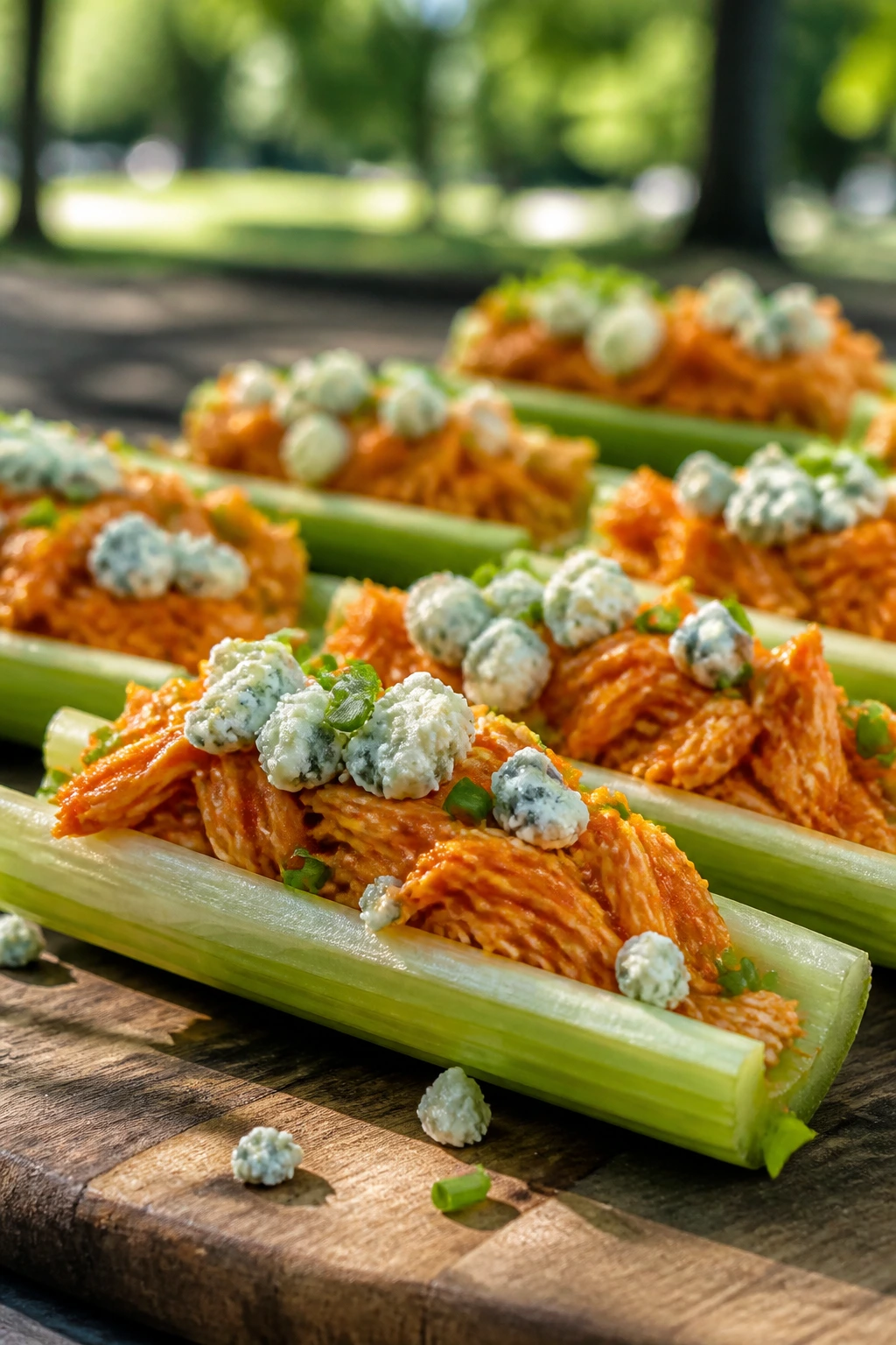 Close-up of buffalo chicken celery boats on a wooden picnic board.
