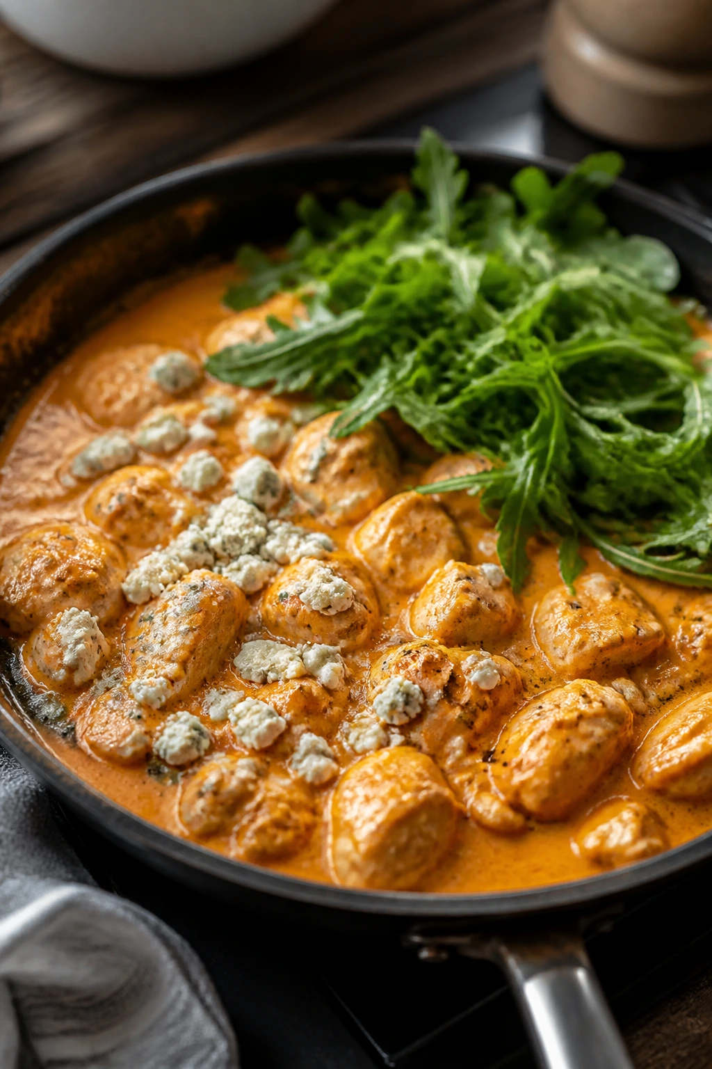 Skillet buffalo chicken with blue cheese crumbles and greens in glossy sauce