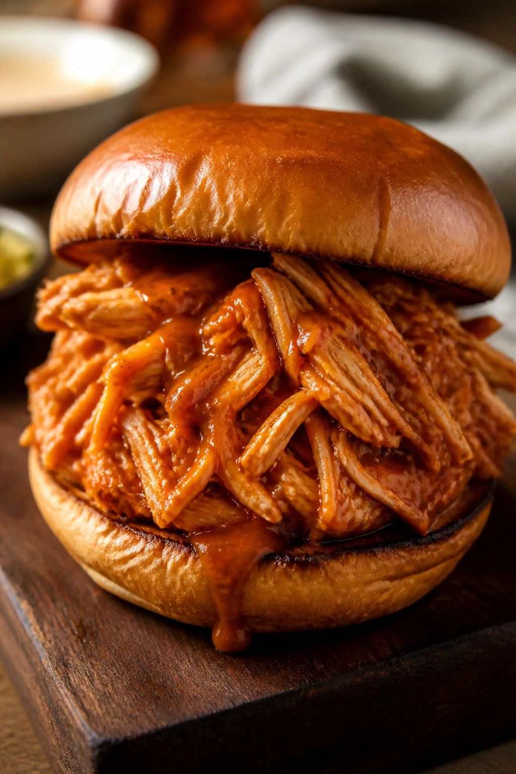 Close-up of buffalo chicken on a toasted bun in a cozy kitchen